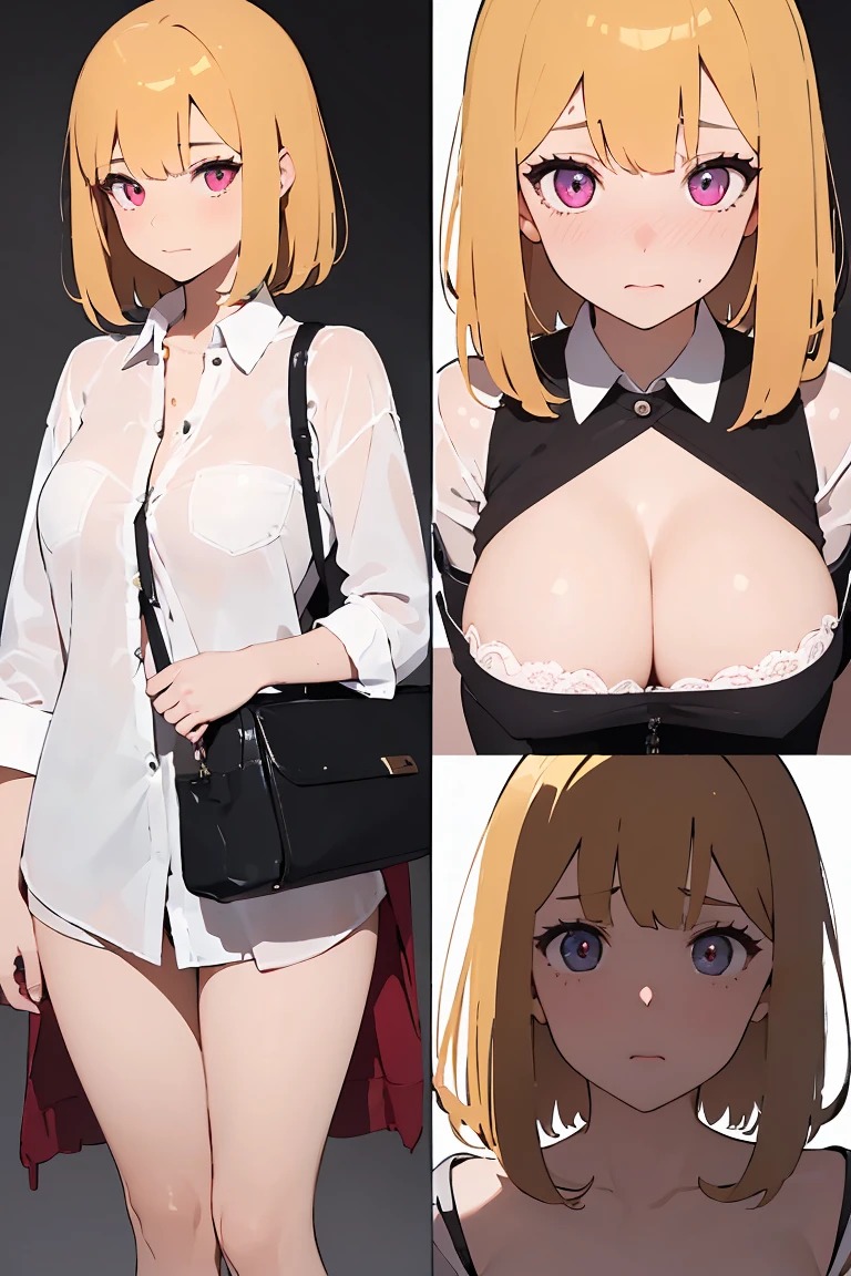 masterpiece, absurdres, best quality, ultra detailed, high Resolution, detailed illustration, bright colour, (extremely beautiful detailed face and eyes, Delicate beautiful face, 1 girl, cute face:1.3), (magenta eyes:1.1), sparkling eyes, big eyes, medium breasts, (perky breasts:1.1), (pointy breasts:1.1), medium hips, glamorous body, white skin, BREAK, long bob cut, (blonde hair:0.8), messy hair, detailed hair, shiny hair, BREAK (undressed, shoulder bag, paisura, strap between breasts, shirt:1.5), (vagina, rape:1.3), perfect lighting, (embarrassed:1.5), (ecstasy, vulgarity:1.5), (trembling:0.8),