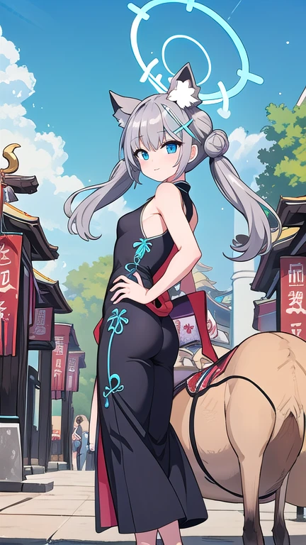 shiroko_bluearchive,beast ears,from behind,turn around, one girl with long twintail bun hair, skirtlift,looking at viewer, expose her camel toe,little smile,chinese dress, flower pattern, sleeveless, outdoor, festival, temple, slim, dizzy, big-chest, wide hips, perfect waist, day atmosphere, hair ornament, standing, full body,