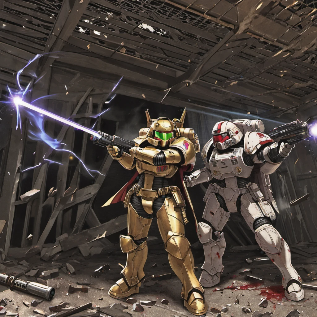 (best quality,4k,8k,highres,masterpiece:1.2),ultra-detailed,(realistic,photorealistic,photo-realistic:1.37),warhammer 40k,Space marine,bloody,battered,bruised,damaged armor,defiantly,wields,chain sword,Ork warrior,grimdark,sci-fi,dystopian,futuristic,violent battle,smoke and dust,weapon clash,explosions,bullet shells flying,splattering blood,war-torn battlefield,heavy war machinery,desolate background,laser beams piercing the air,intense combat,high contrast lighting,gritty textures,grungy atmosphere,metallic surfaces,golden embossed armor,detailed facial features,ragged battle flag,floating debris,fierce determination