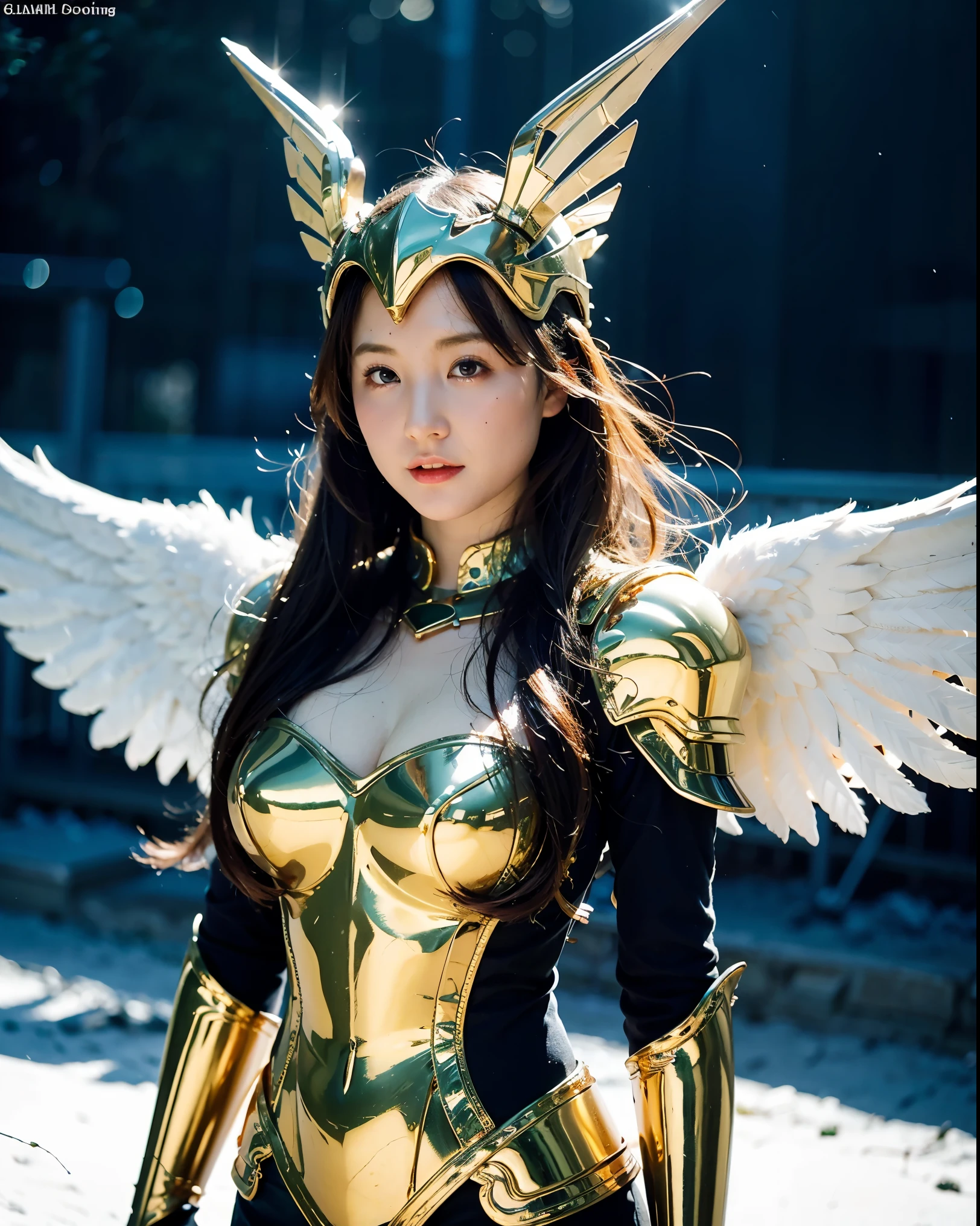 solo, beautiful adult woman, high quality, best quality, highres, high detail,  dr34m, standing, yellow hair, epic fantasy Valkyrie warrior, ((glorious, aureate)), Gold and Silver majestic armor, decorated,(winged helmet), (angel wings),celestial background, Norse mythology, majestic snowy mountains, gleaming sword, ethereal glow, highly detailed, art by Frank Frazetta and Yoshitaka Amano, 8k resolution