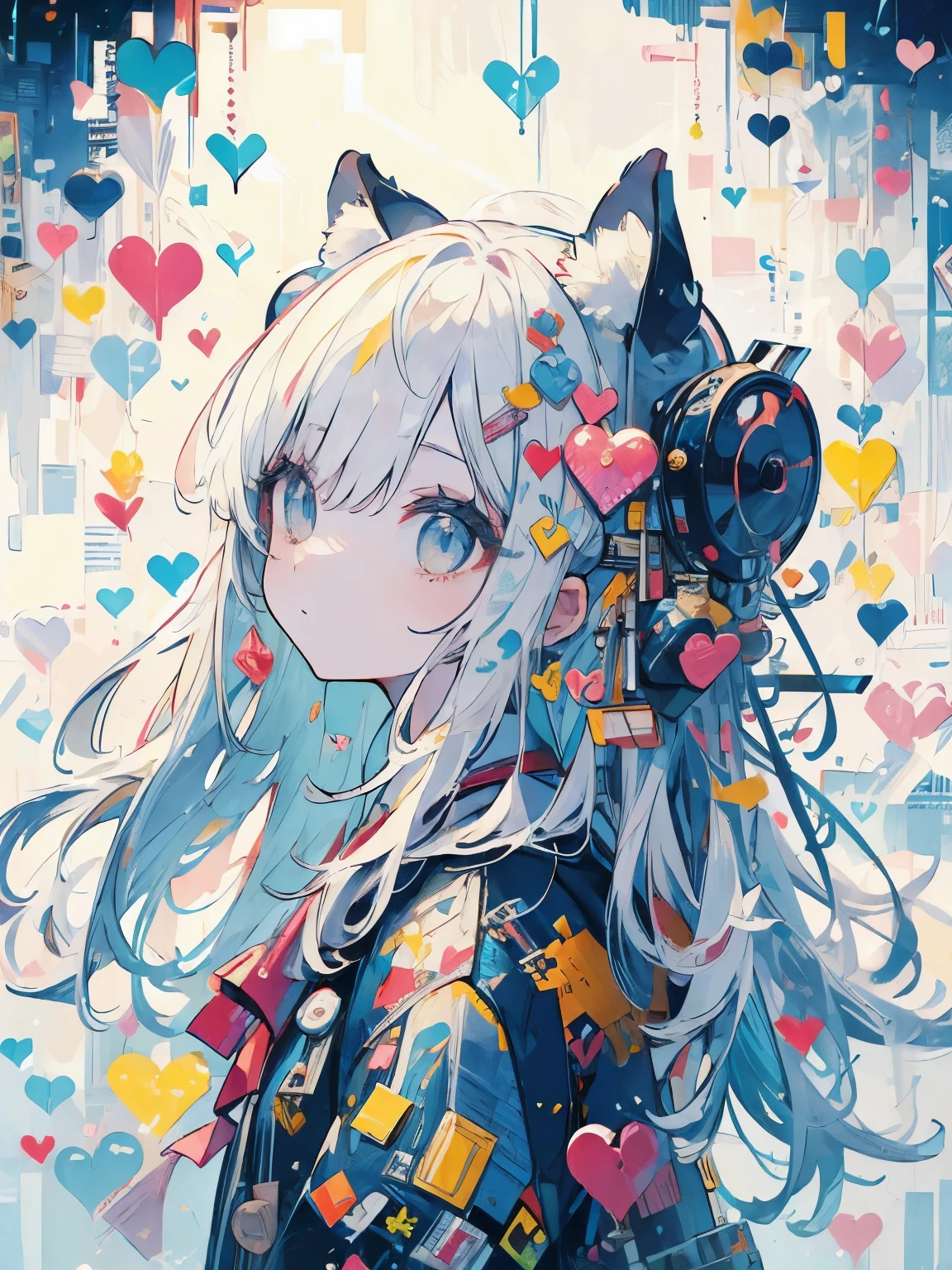((((masterpiece)))), highest quality, very_expensive_solve, big_file size, Full Color, Looking up, with a gentle expression, Heart Eyes, 1 girl, Background full of musical notes, Cowboy Shot, Animal ears