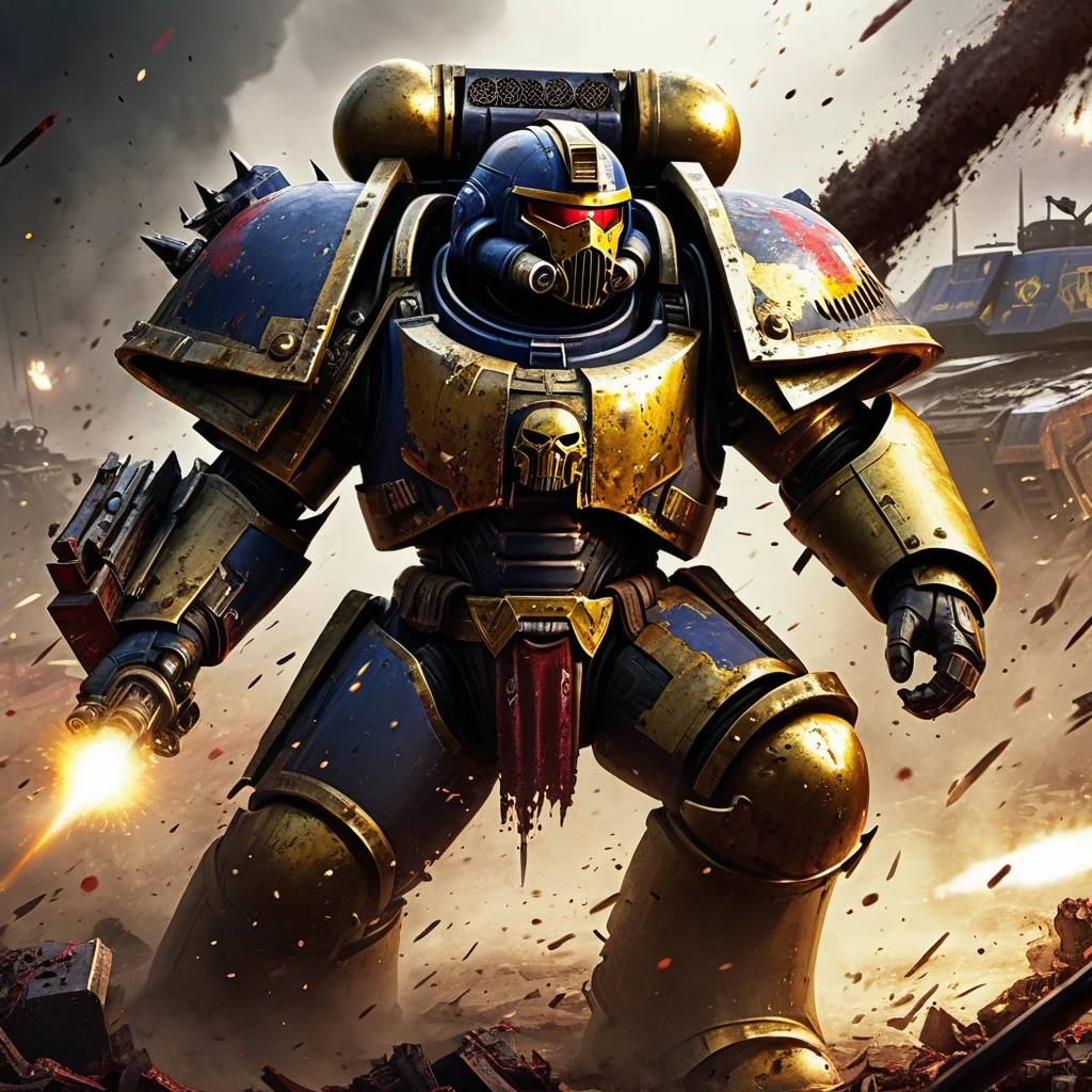 (best quality,4k,8k,highres,masterpiece:1.2),ultra-detailed,(realistic,photorealistic,photo-realistic:1.37),warhammer 40k,Space marine,bloody,battered,bruised,damaged armor,defiantly,wields,chain sword,Ork warrior,grimdark,sci-fi,dystopian,futuristic,violent battle,smoke and dust,weapon clash,explosions,bullet shells flying,splattering blood,war-torn battlefield,heavy war machinery,desolate background,laser beams piercing the air,intense combat,high contrast lighting,gritty textures,grungy atmosphere,metallic surfaces,golden embossed armor,detailed facial features,ragged battle flag,floating debris,fierce determination
