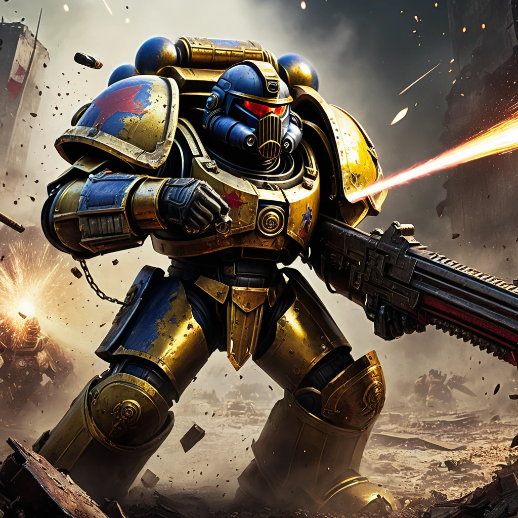 (best quality,4k,8k,highres,masterpiece:1.2),ultra-detailed,(realistic,photorealistic,photo-realistic:1.37),warhammer 40k,Space marine,bloody,battered,bruised,damaged armor,defiantly,wields,chain sword,Ork warrior,grimdark,sci-fi,dystopian,futuristic,violent battle,smoke and dust,weapon clash,explosions,bullet shells flying,splattering blood,war-torn battlefield,heavy war machinery,desolate background,laser beams piercing the air,intense combat,high contrast lighting,gritty textures,grungy atmosphere,metallic surfaces,golden embossed armor,detailed facial features,ragged battle flag,floating debris,fierce determination