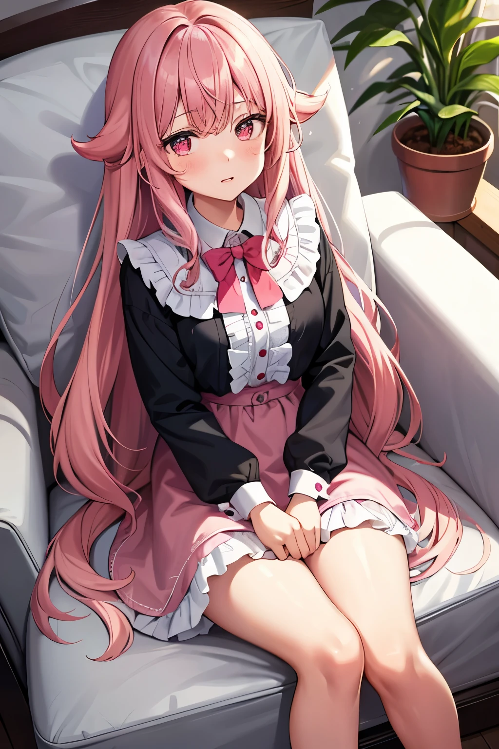 A young girl with long, curly pink hair sits quietly on a cozy armchair, wearing a frilly pink dress that complements her rosy complexion. She clutches a stuffed toy close to her chest, her eyes fixated on a children's book in her lap. Sudden realization strikes her, making her look away from the book, her face flushing with embarrassment as she recalls an earlier mishap. She adjusts her mini skirt self-consciously, aware of the stares she might receive.
---
Amidst soft, pinkish hues, an anime girl lies seductively on a large, white bed. Her legs are crossed at the knee, revealing a