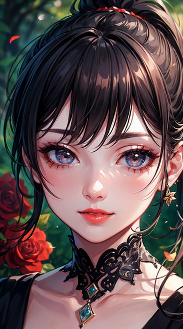 (highest quality,4K,8k,High resolution,masterpiece:1.2),Very detailed,Beautiful fine details,beautiful lip detail,Very detailed目と顔,Long eyelashes,One girl,Red lips,smile,ponytail,figure,Flower garden background,Soft lighting,Vibrant colors,Bokeh