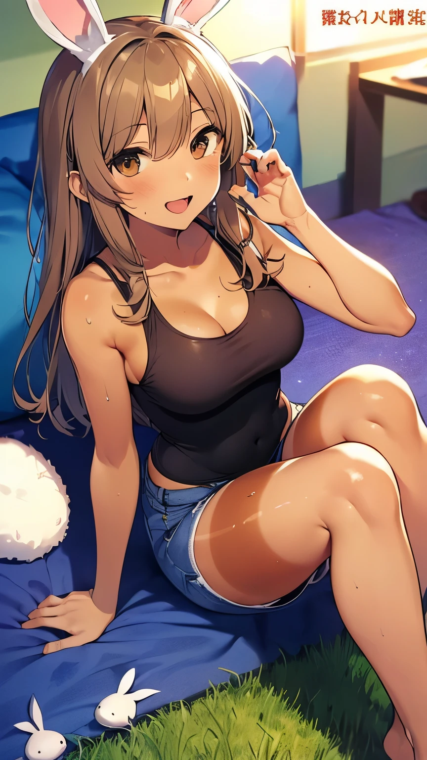 2d, Superb, (Masterpiece), (Full length), (Shiny chestnut hair:1.6),  (Wavy medium hair:1.6),(fluffy hair:1.3),  (Brown beautiful girl), (Healthy dark skin), (Sunburn mark), clavicle, (Denim hot pants:1.3), (White short sleeve see-through top), White camisole，JK,Slender figure ,Glamorous Bare Feet, Beautiful shiny legs,, Brown Eyes, Attractive thighs, Medium chest, bedroom, On the bed, Light from the window, Sexy expression, Sweaty, Wet Hair, Drops from hair,Put your hands on your chest, Breathless, Bold pose、