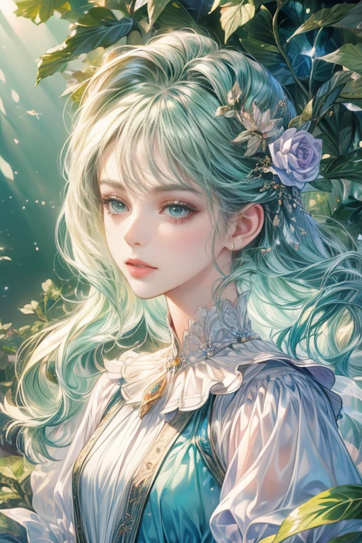 (highest quality:1.4),(masterpiece:1.4),Ultra-high resolution,8k,CG,(Exquisite:1.2),Upper body,1 girl,Lonely,Thumbelina,Little Princess,Blue taffeta coat dress,Forest Background,Detailed facial features,Almond Eyes,Detailed eye makeup,Long eyelashes,green eyes and a starry gaze,Delicate lip detail,Soft and harmonious style