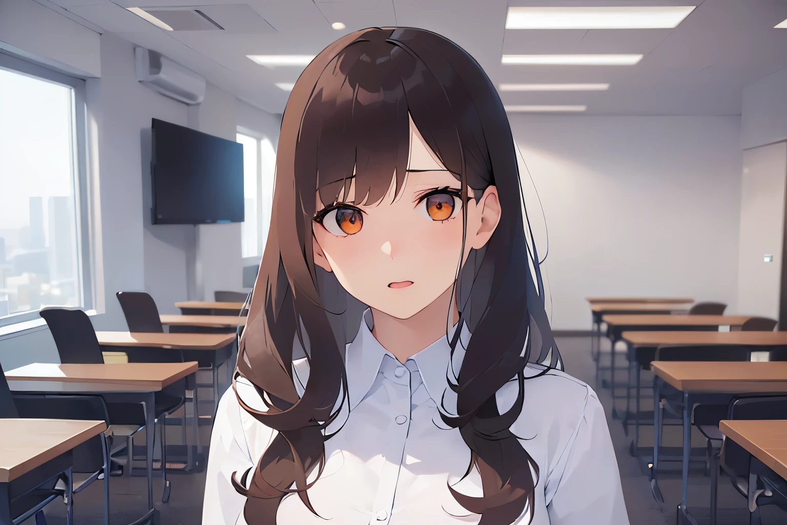 raising hand、Biologically correct five fingers、Upper Body, Realistic, real person, (pale skin: 1.2), RAW photo, photorealistic, portrait photography, shiny skin, shiny hair、(25 year old woman with medium hair with bangs) and (wavy hair) and (brown hair) and (orange eyes) ,(white collared shirt), surprised, The background is an office conference room、Alone、Are standing