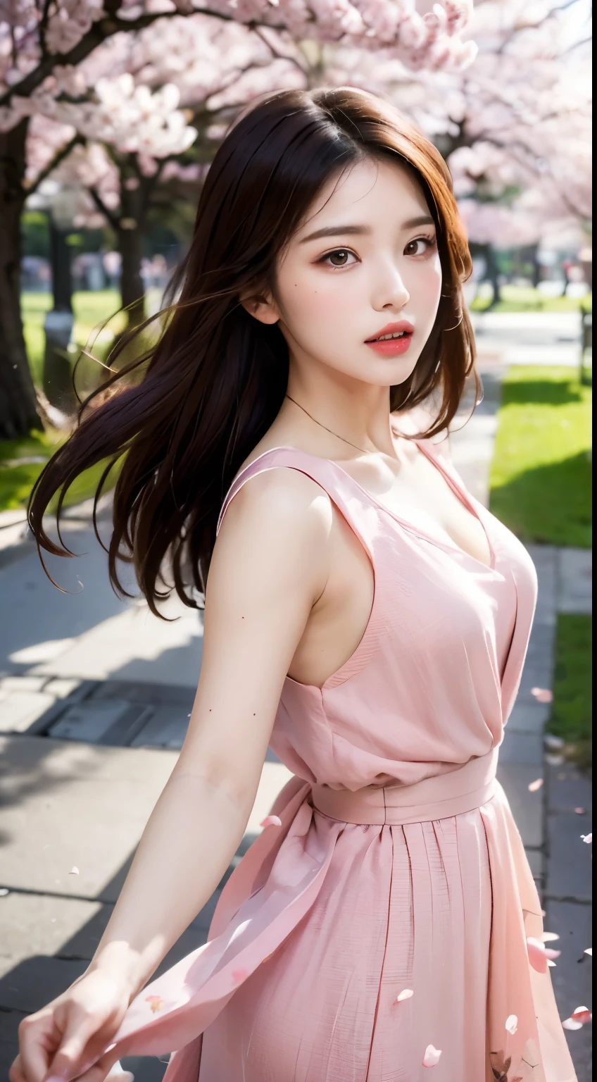 necessity, top quality, illustration, Ultra-clear, Fine details, high resolution, 8k wallpaper, Perfect dynamic composition, Beautiful and delicate eyes, Wearing a dress, natural colored lips, random Lovely pose, Perfect beautiful face, Lovely, Sexy face, Sunset, Ecstasy face, female face, (Cherry blossoms, Cherry blossoms, Falling cherry blossom petals, 櫻花暴Wind雪, Falling Flowers), waving in the Wind Hair, hair flying, pink Cherry blossoms, Flower petals flying, 櫻花暴Wind雪, beautiful landscape, sunrise, Background sun, Wind,