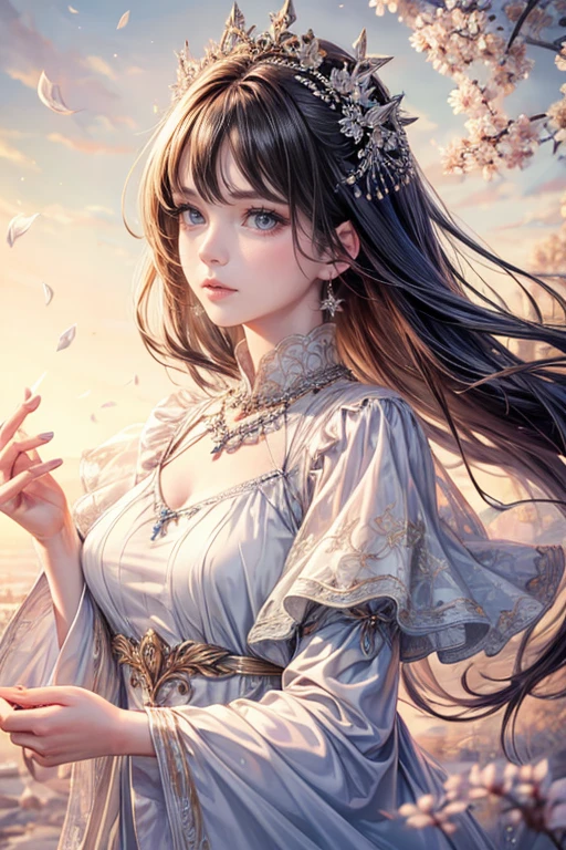 (highest quality,8k,CG,Beautiful details upper body,Lonely,Thumb Girl,tulle coat dress,Floral Background,Complex facial features,Long flowing hair,Almond-shaped eyes,Exquisite eye makeup,Long, fluttering eyelashes,Blinking big eyes,Starry Sky,Exquisite lip detail,Soft and harmonious style)