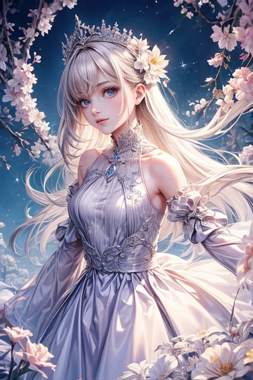 (highest quality,8k,CG,Beautiful details upper body,Lonely,Thumb Girl,tulle coat dress,Floral Background,Complex facial features,Long flowing hair,Almond-shaped eyes,Exquisite eye makeup,Long, fluttering eyelashes,Blinking big eyes,Starry Sky,Exquisite lip detail,Soft and harmonious style)