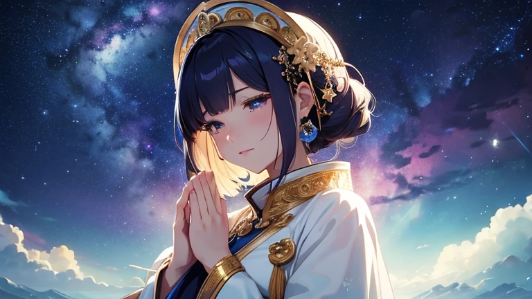 Milky Way、magnificent universe。Beautiful anime style woman praying to the stars