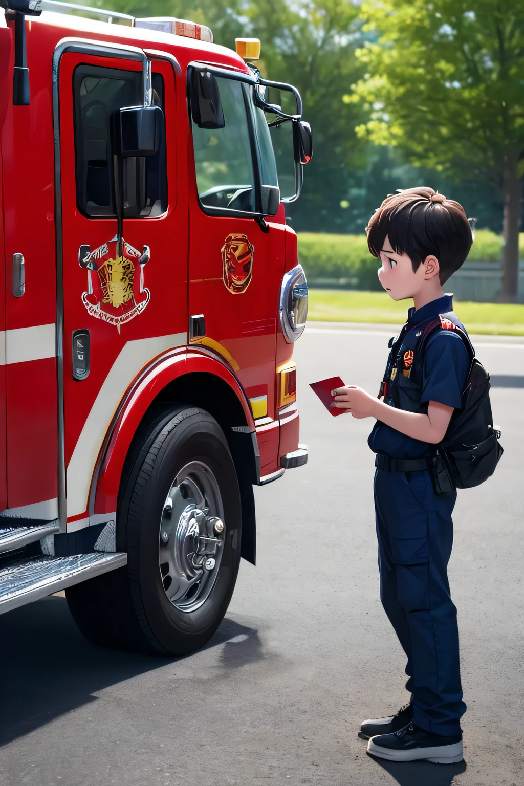 A boy finds a fire engine、　Stand face to face with the firefighters in front of the fire engine and ask them questions.　