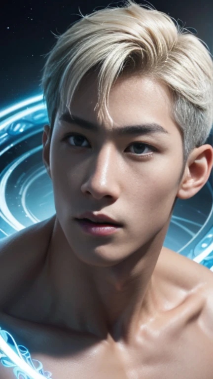 dragon boy,V0id3nergy,crystallineAI,(close-up:1.3),(abs:1.5),(1boy:1.5), male focus, solo,looking at viewer, ice blue eyes,(nude:1.2), (floating:1.3), clouds, glowing, bloom, platinum hair, outdoors, stars, (gold magic swirling),wetclothes,masculine, bubble, rainbow Sunlight, Reflected mirror, floating piece of Glass, Rainbow light, Aurora, Starlight around the character,(EnergyVeins:1.4) , full body seen , full length shot
