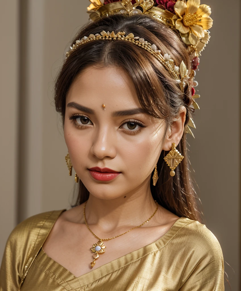 arafed woman in a red dress sitting in a field, traditional beauty, traditional makeup, sukhothai costume, south east asian with round face, inspired by reyna rochin, wearing an ornate outfit, nivanh chanthara, with professional makeup, portrait shot, traditional dress, south east asian with long, in style of thawan duchanee