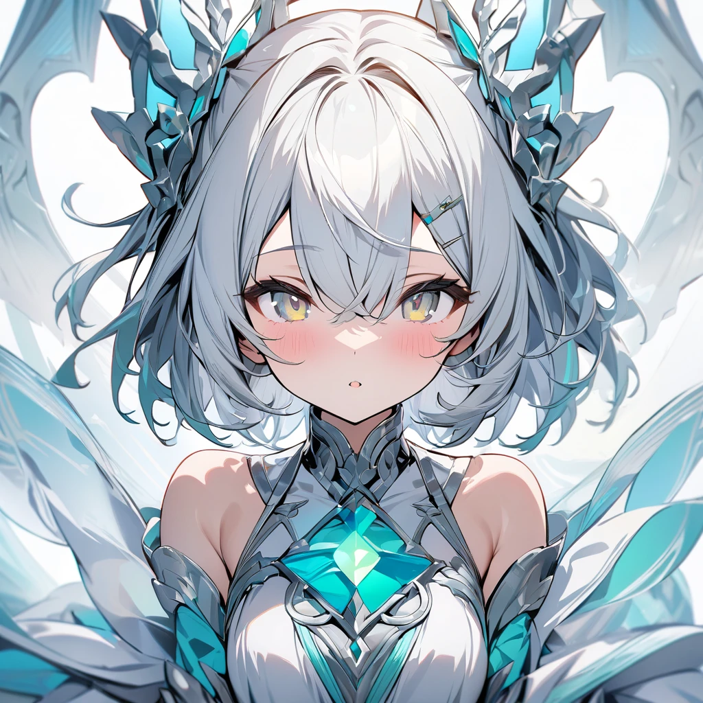 (front view),cute facing_viewer,(one eyes:1.3),(1 girl), curvy Goddess,masterpiece, best quality, white background,from front, front view, [light silver and light azure, light yellow and light emerald, silver and azure, (light yellow and light silver eyes), (light white and light silver),hair] Solo focus