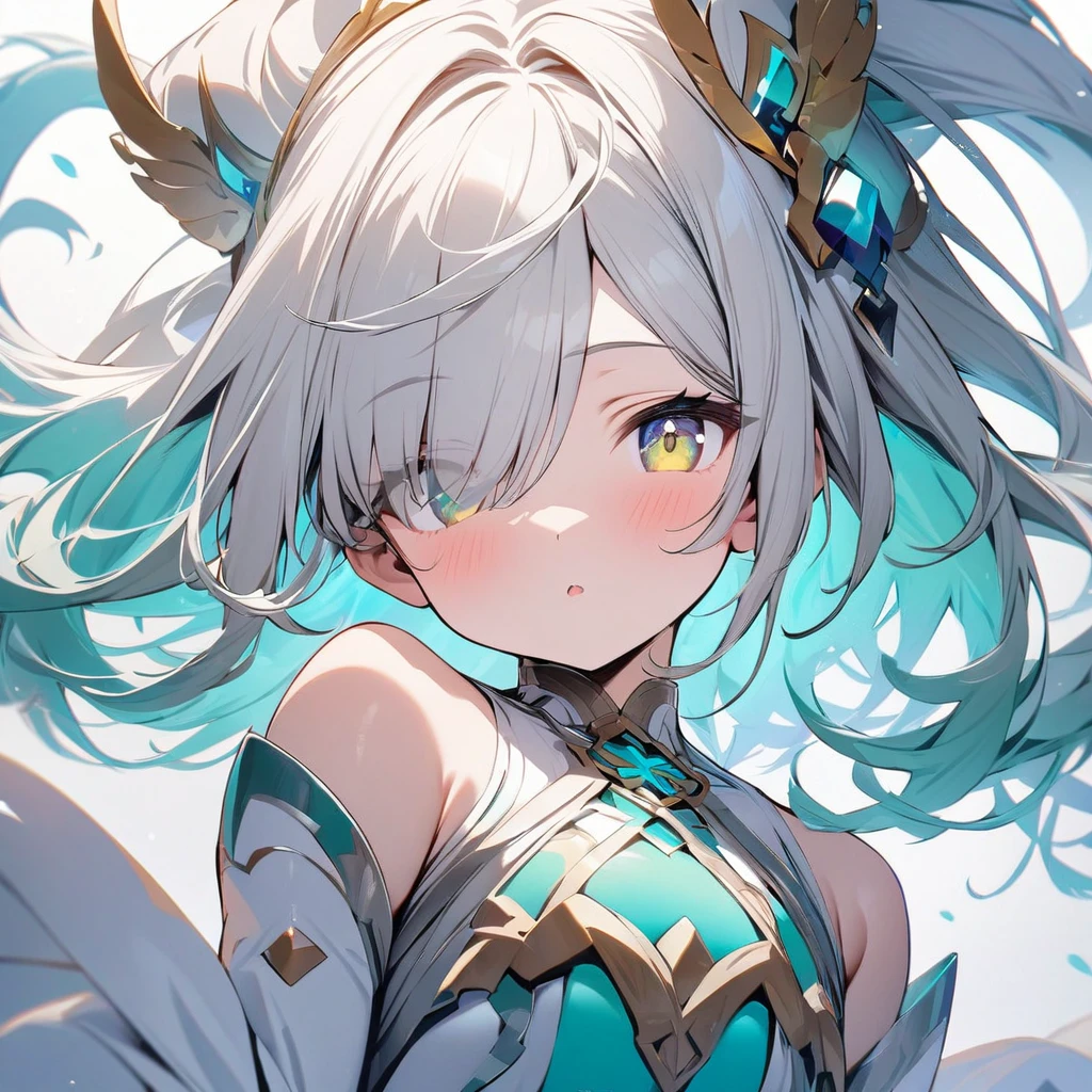 (front view),cute facing_viewer,(oneeyes),(1 girl), Goddess,masterpiece, best quality, white background,from front, front view, [light silver and light azure, light yellow and light emerald, silver and azure, (light yellow and light silver eyes), (light white and light silver),hair] Solo focus