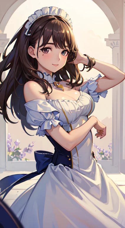 (high quality,masterpiece,4K,8k,16k),pretty girl,bust,Medium Chest,ta Dress,Smooth skin,Silky Hair,Vibrant colors,Dreamy lighting,Inside of the tire,Subtle details,Strong gaze,Smile your face,Porcelain-like skin,Graceful pose,Serene atmosphere,Pure innocence,Natural Beauty,Sublime aesthetics
