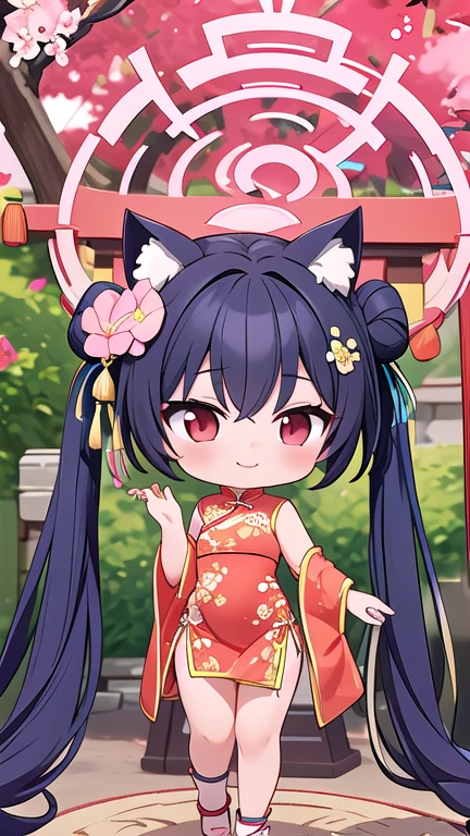 serika_bluearchive,cat ears, one girl with long twintail bun hair, skirtlift,looking at viewer, little smile,chinese dress, flower pattern, sleeveless, outdoor, festival, temple, slim, dizzy, big-chest, wide hips, perfect waist, day atmosphere, hair ornament, standing, full body,chibi