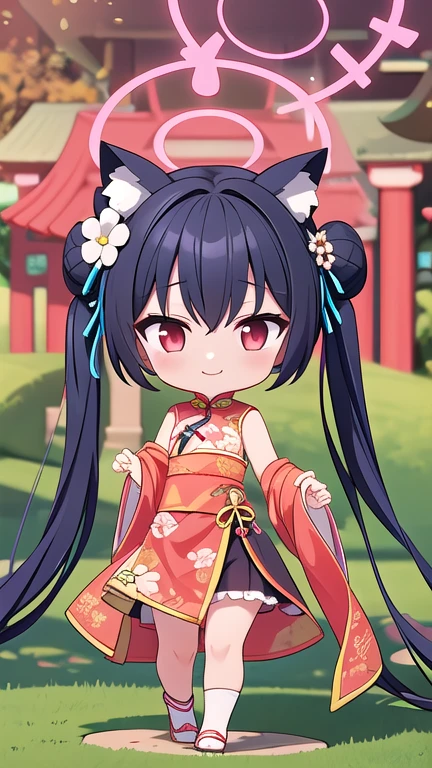 serika_bluearchive,cat ears, one girl with long twintail bun hair, skirtlift,looking at viewer, little smile,chinese dress, flower pattern, sleeveless, outdoor, festival, temple, slim, dizzy, big-chest, wide hips, perfect waist, day atmosphere, hair ornament, standing, full body,chibi