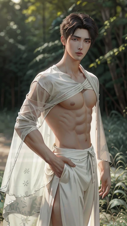 1 person, Beautiful eyes and detail in face, tmasterpiece, Best quality at best, closeup cleavage, 健美the body of the, (male model) hot skin, tmasterpiece, best qualityer, The most handsome man in the world, Tan Quan, perfect bodies, beautiful male model, Charming men lead aesthetics 18-24 years old, blooming in summer, Green lawn, summer, distinct, The tree , blossoms, blue-sky, baiyun, Rugged handsome young man wearing transparent white robe, Transparent white fabric, off-shoulder jacket, Exposing the pectoral muscles, upper legs，Transparent white all over)), (malefocus), (smooth the body of the)), ssmile, super adorable, dynamic, Cool and cool pose, dramatic lights, Full body photo, Full body photo, face young, busty figure, the body of the, tall and lanky skinny, toned figure, attention-grabbing, white or white , Young face, 健美the body of the, k hd, natural skin tones, gentlesoftlighting, The is very detailed, Audience point of view, photography of, Delicate skin, Real people, Realistis, optics, insanely details, detail in face, Maximum magnification, hyper realistic exaggeration, cinematic ligh, long-focus, Intricate detail light composite, high detal, high detal, digitial painting, art  stations , concept-art, smooth focus, Sharp, illustratio, Unreal Engine5, 8K, art work：Ross Tran、Greg Rutkowski 和 Alphonse Mucha, 超k hd, 8K, Display for men only .8K Ultra HD, SLR camera, Low light, high qulity, cinematic ligh grain, Fujicinematic ligh XT3, Male fans, Model 2,