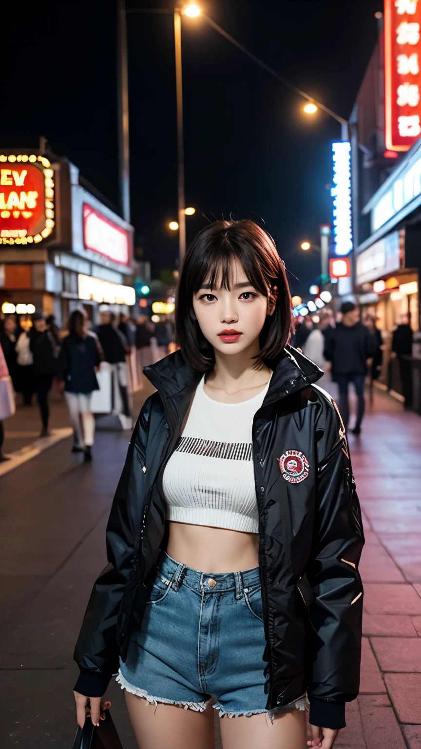 (Very fine eye), (((Fabric Shading))), (((highest quality))), (((masterpiece))) Saucy girl, (((Realistic))), Black Hair, Black Hair, Black Hair, Black Hair, chic hairstyle, ((medium bob with bangs, nice hair)), Red eyes, (((Retro-futuristic outfits))), ((Retro pose)), (((Game CG)) (nice, Saucy, It Girl), Fine Jewelry, In front of a theater building with an electronic neon sign, Strong night atmosphere, Has a strong retro feel, Cowboy Shot, Mid Shot, Centered Images, Focus on the camera, Off-white ribbed logo print vest, Pink Print Cat Shorts, Elegant colors,Realistic Skin,Realistic texture,８k,whole body,17 years old,Korean women,彼女のBlack Hair, Medium Bob Cut,ruins,Red iris,Expressionless,(((He is wearing a big black down jacket. ))),Glaring,Perfect Face,(((Big eyes))),She is wearing wide black hip-hop style pants.,Mouth closed,Watching the audience,夜のruinsの前に女性が立っています, Roseanne Park from Blackpink, Trending on cgstation, Trending on cgstation, Black Pink&#39;s Joshi, portrait of aespaのウィンター