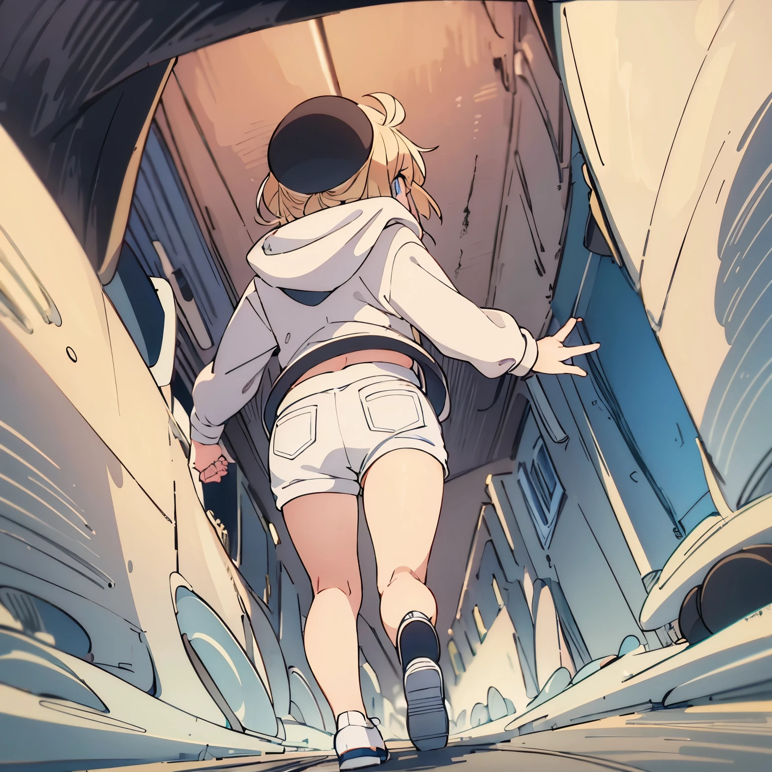 1girl,6 ,blonde hair ,Running facing backwards, camera angle from behind, photo from behind, looking away,,blonde hair,blonde hair,short hair, blue eyes,White hoodie, white trousers, white hat, black backpack,very short hair, side bangs,full body photo,ultra detail, ultra HD