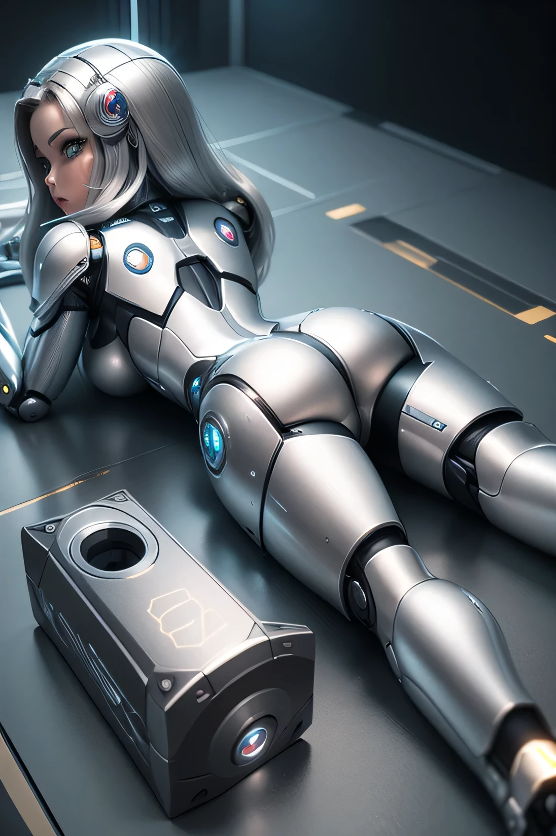 robot babe tight high boots like part from her body, metallic chromed body of cyborg robot, with plastic barbie doll face with longer hair, look at me from behind, full body lying down, lying down, lying down to side