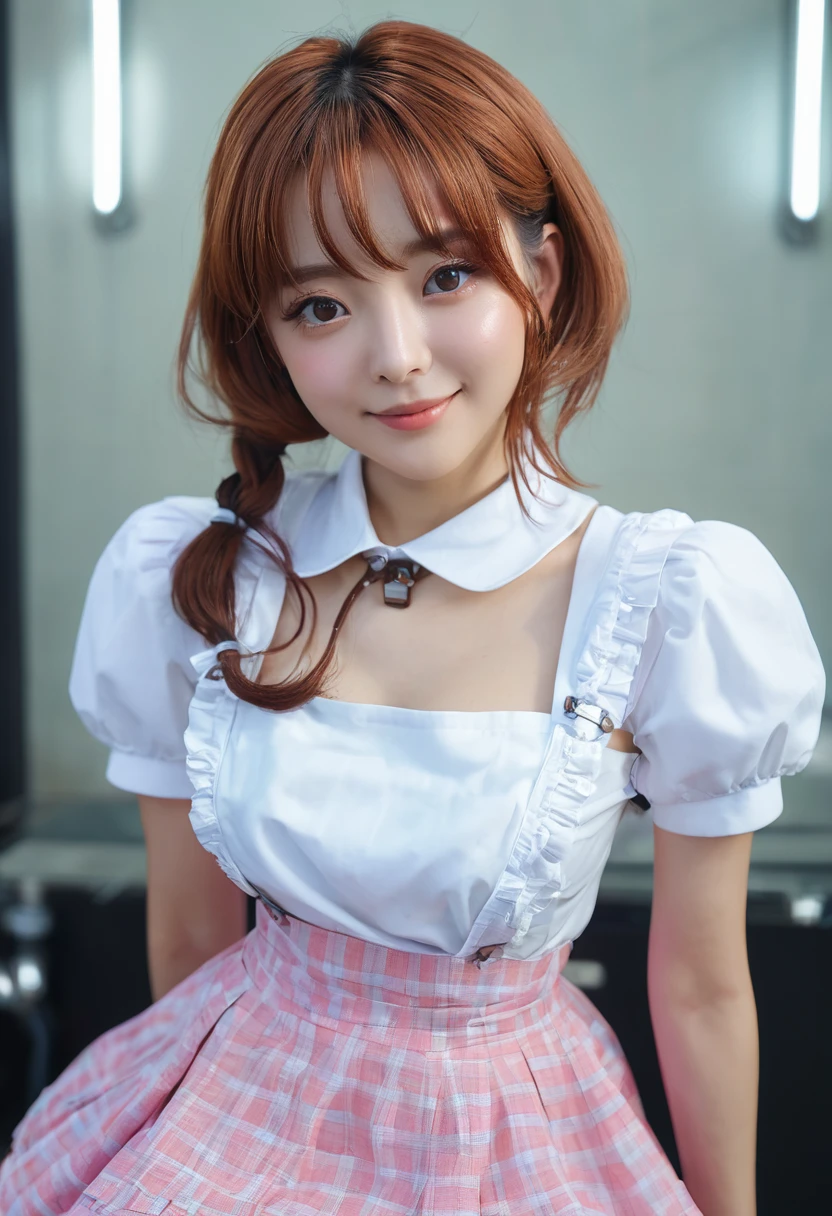 Pink shorthair、Because of the bangs on the left eye、I can't see my left eye when viewed from the front.、14About the age、His face is Japan person-like.、Red eyes、Maid clothes、White collar independent(Ribbon replaces tie)、Bare skin is exposed on the chest、White boob bag、Black corset girth、Those who have exposed skin、Independent sleeves from upper arm down、Sleeve color is black、The sleeves are white and ruffled、Apron slightly shorter than skirt length from the waist down、The apron is white with ruffled borders、The skirt is black and about 15 cm above the knee、Hanging socks with a garter belt、Socks are white with knee 5cmHeight above degree、Skin is exposed from the hem of the skirt to the top of the socks.、Skinny、小柄、A slight smil、a baby face、Black loafers at the feet、Katyusha on the head、The headband has decorations on the white flower buds.5Comes with pieces、The right side of the head is decorated with flowers.、Photorealistic、Skin like a real person、kawaii、small tits、high-level image quality、Large files、Small face、