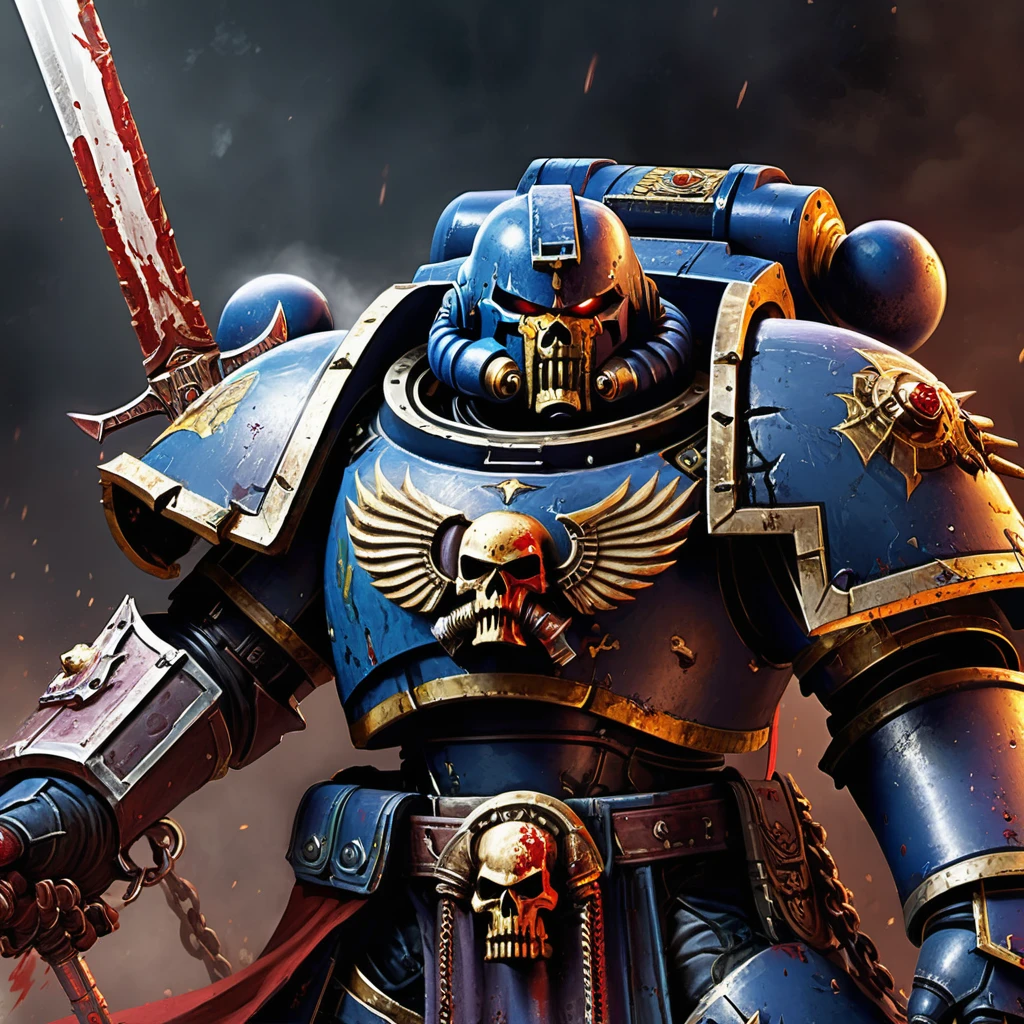 In warhammer 40k, a bloody and battered Space marine (bruised, damaged armor) defiantly wields a chain sword, he has a grim determination on his face