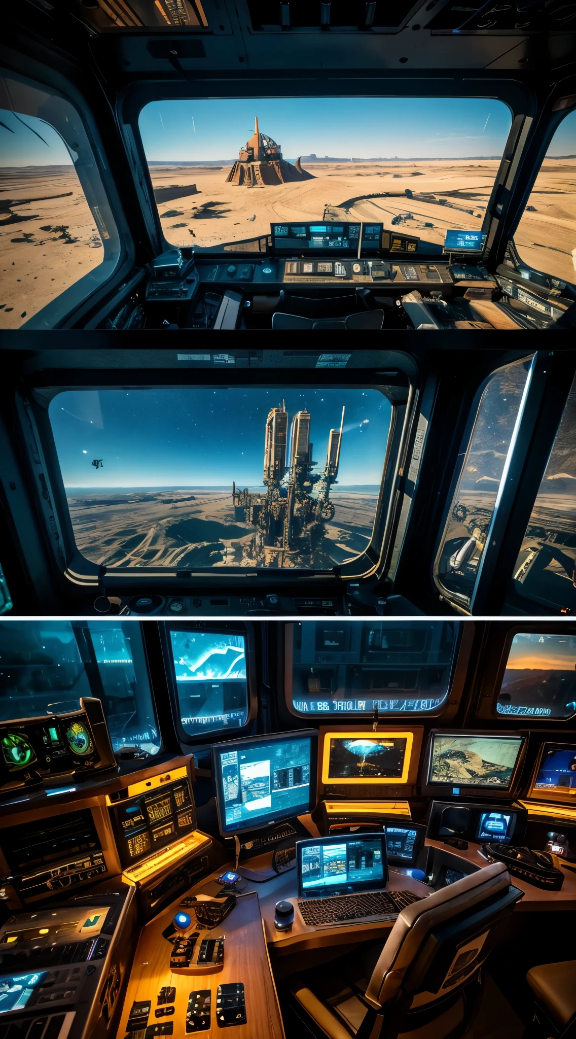 The steampunk look of the spaceship. From the window you can see an alien landscape, Work consoles with electronic devices and screens are lined throughout the space., Full HD