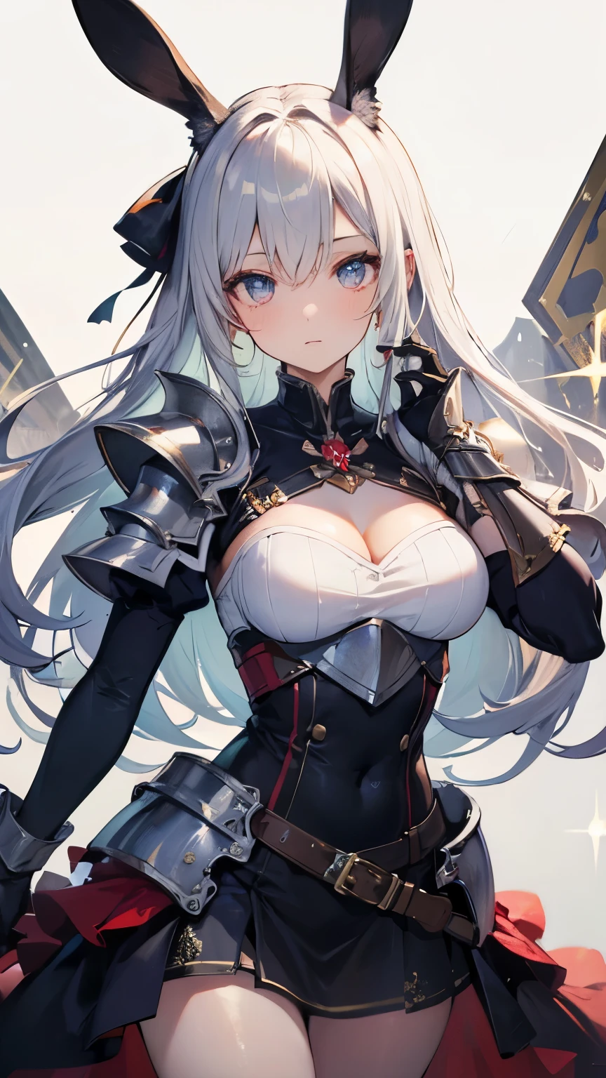 ((Best quality, 8k, Masterpiece: 1.3)), Sharp focus A beautiful woman with perfect body, Highly detailed face and skin texture, (Detailed eyes), rabbit ears, hime cut, white hair, hair bow, ribbon, pupils sparkling, tareme, (knight wearing steel armor), cowboy shot