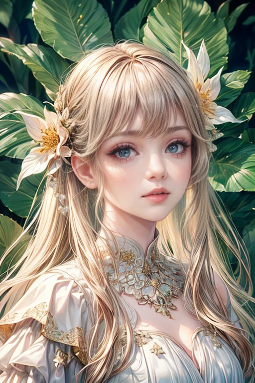 (high quality, 8k, CG, Upper body details,  girl, Floral Dress, Forest Background, Detailed facial features, Elegant long hair, Big almond eyes, Detailed eye makeup, Long eyelashes fluttering, Blinking big eyes, Twinkling Star, Intricate lip detail, The style is soft)