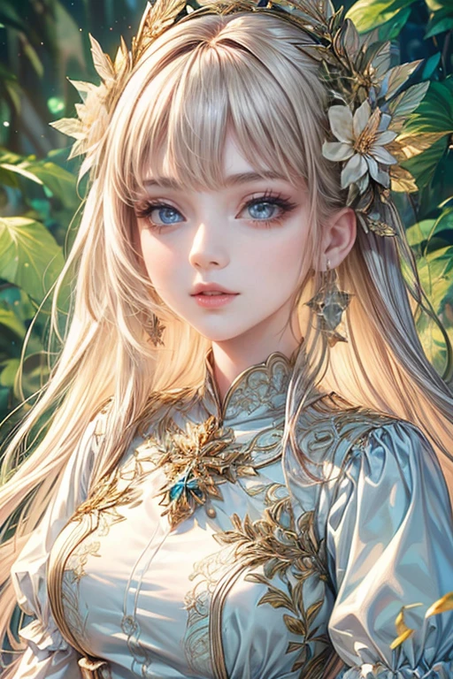 (high quality, 8k, CG, Upper body details,  girl, Floral Dress, Forest Background, Detailed facial features, Elegant long hair, Big almond eyes, Detailed eye makeup, Long eyelashes fluttering, Blinking big eyes, Twinkling Star, Intricate lip detail, The style is soft)