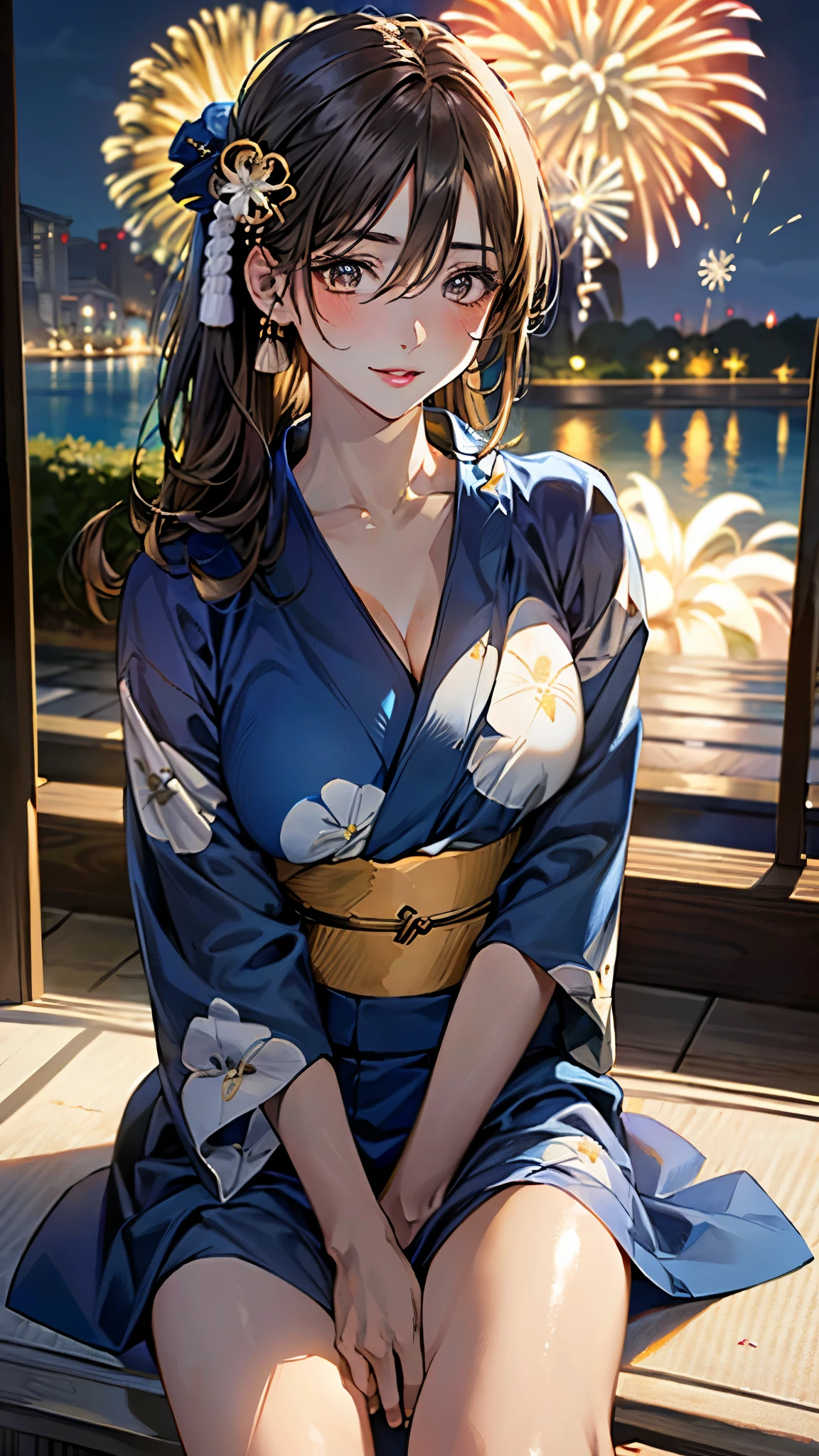 (masterpiece:1.2, top-quality), (realistic, photorealistic:1.4), beautiful illustration, (natural side lighting, movie lighting),
looking at viewer, cowboy shot, 1 girl, japanese, high school girl, perfect face, cute and symmetrical face, white skin, shiny skin,
(middle hair, (half updo), light brown hair), (sidelocks, long sideburns), blunt bangs, brown eyes, long eye lasher, (large breasts), slender,
beautiful hair, beautiful face, beautiful detailed eyes, beautiful clavicle, beautiful body, beautiful chest, beautiful thigh, beautiful legs, beautiful fingers, (five fingers)
(detailed cloth texture, flower pattern purple yukata),
(beautiful scenery), night, summer festival, (riverside, fireworks), sitting causeway, (lovely smile, parted lips),