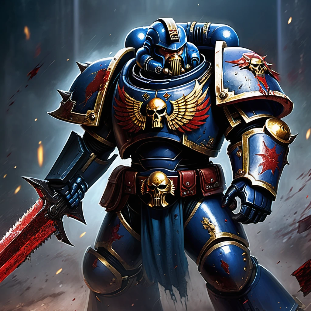 "(best quality,highres),bloody and battered Space marine,defiantly wielding a chain sword,grim determination on his face,bruised armor,damaged armor"