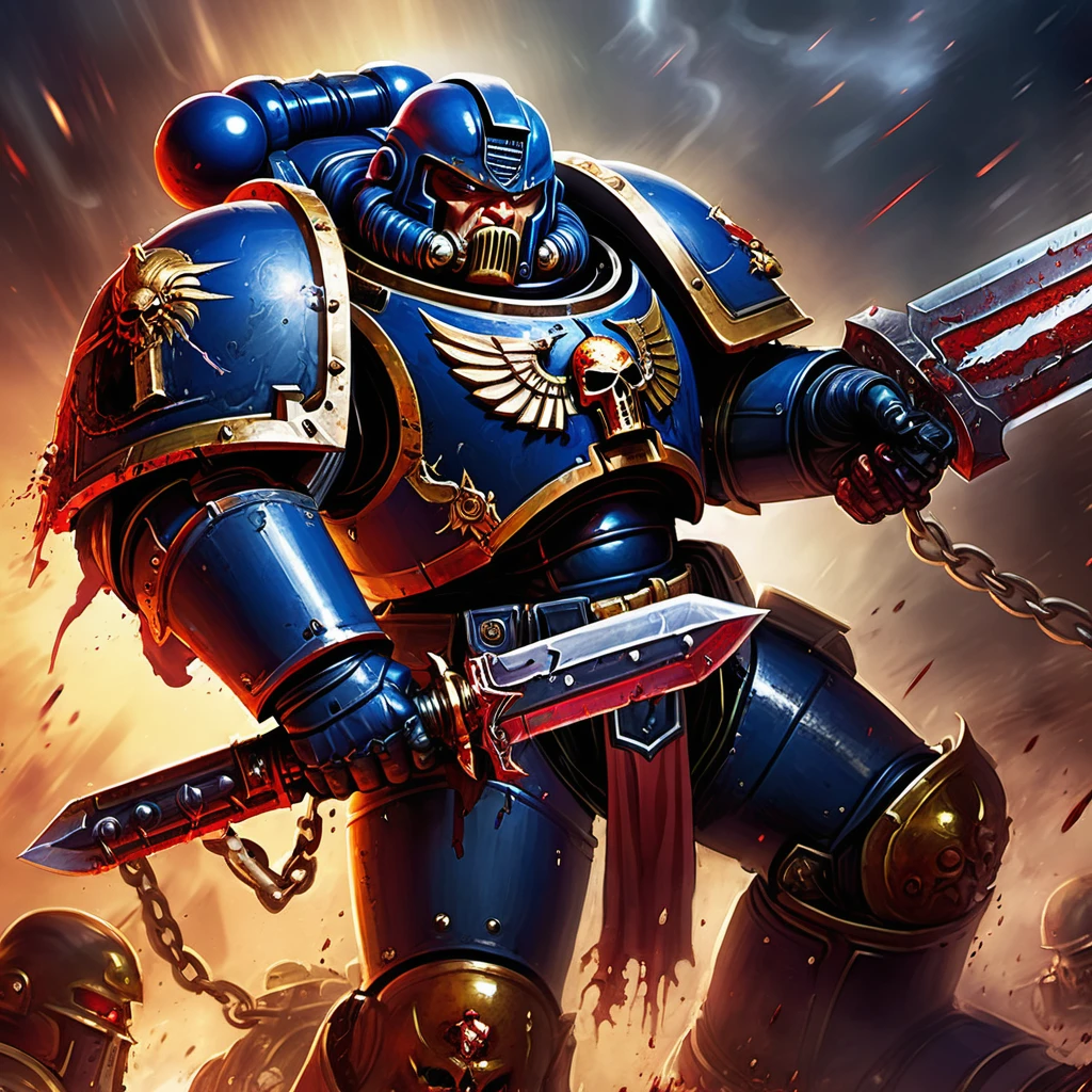 "(best quality,highres),bloody and battered Space marine,defiantly wielding a chain sword,grim determination on his face,bruised armor,damaged armor"