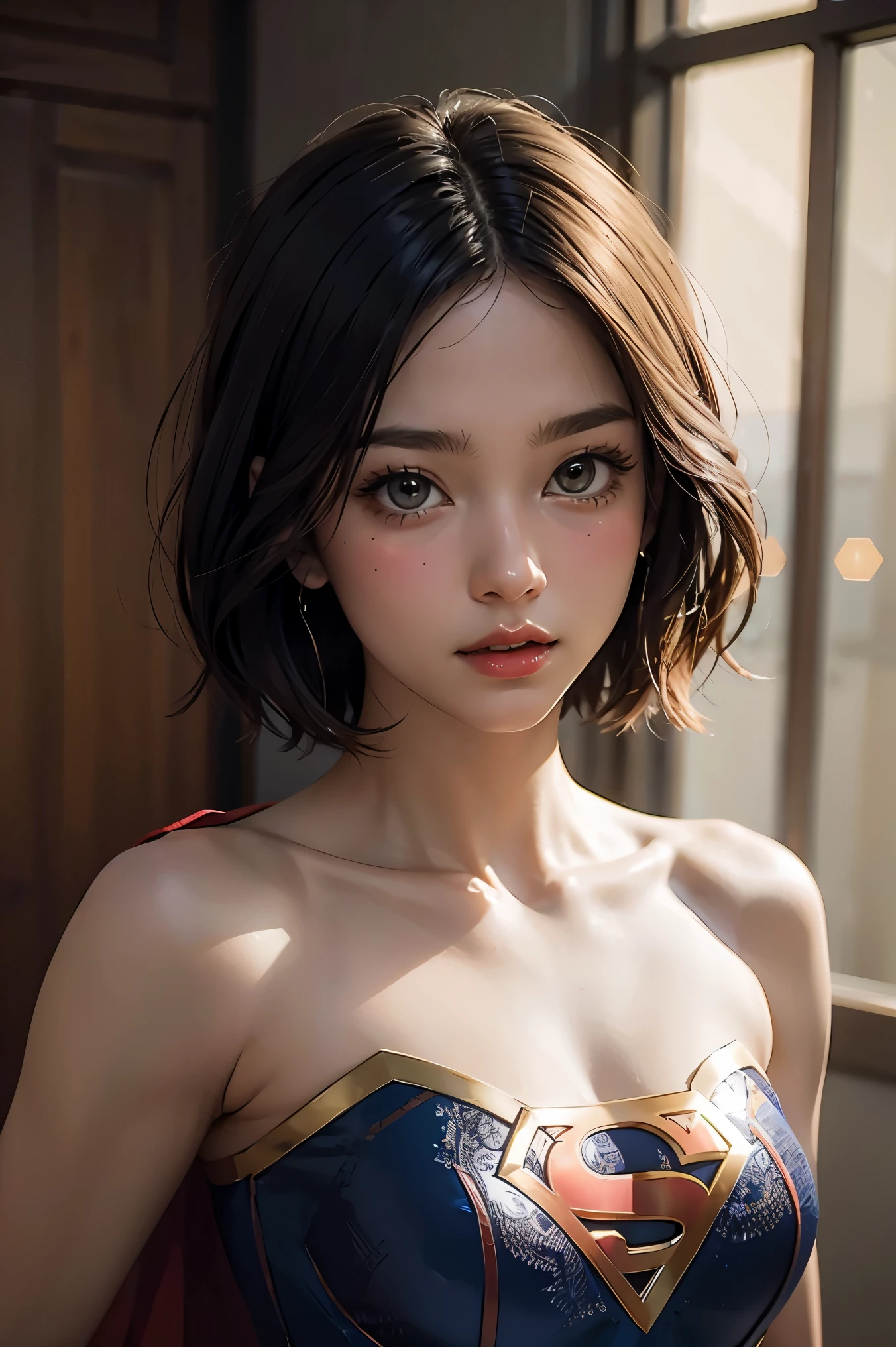 best quality, realistic, photorealistic, award-winning illustration, (intricate details: 1.2), (delicate detail), (intricate details), (cinematic light, Supergirl with extremely sexy short hair