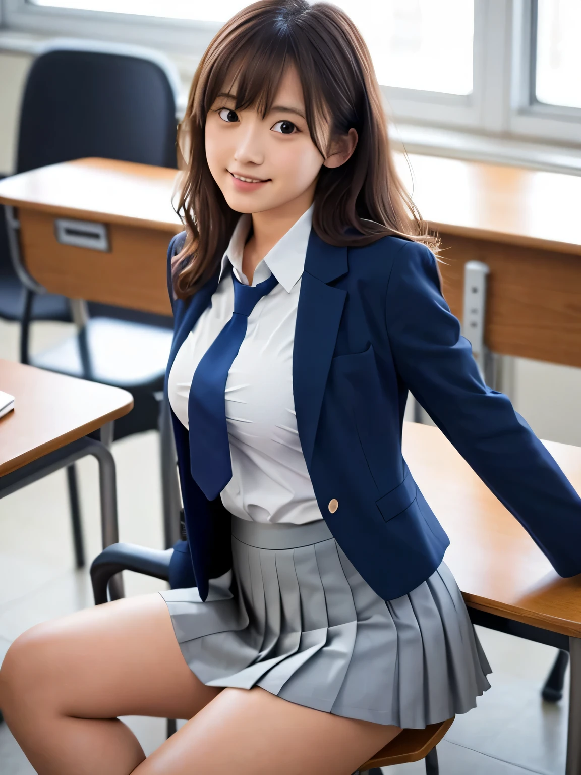 8k, highest quality, The true picture, Intricate details, Very detailed, Ultra-high resolution, Depth Field,(Realistic,Realistic:1.2), From the side, 1 Japanese girl, Very beautiful 17 year old girl, Big eyes, Beautiful breasts:1.5、Very detailedな目:1.2), (Beautiful breasts:1.1), (Small breasts:1.2), Wavy Hair、Curly Hair、bangs, Perfect Skin, Fair skin, (Big Hips:1.3), (Thick thighs:1.3), (Thick legs:1.3), Tight waist, Slightly reddish, alone, Looking at the audience, (smile:1.1), ((School_uniform),(Dark Blue Blazer), (White shirt、Wear a tie), (Grey pleated skirt), (Sculptural installation :1.1), break, During class, in a high school classroom, taking a seat