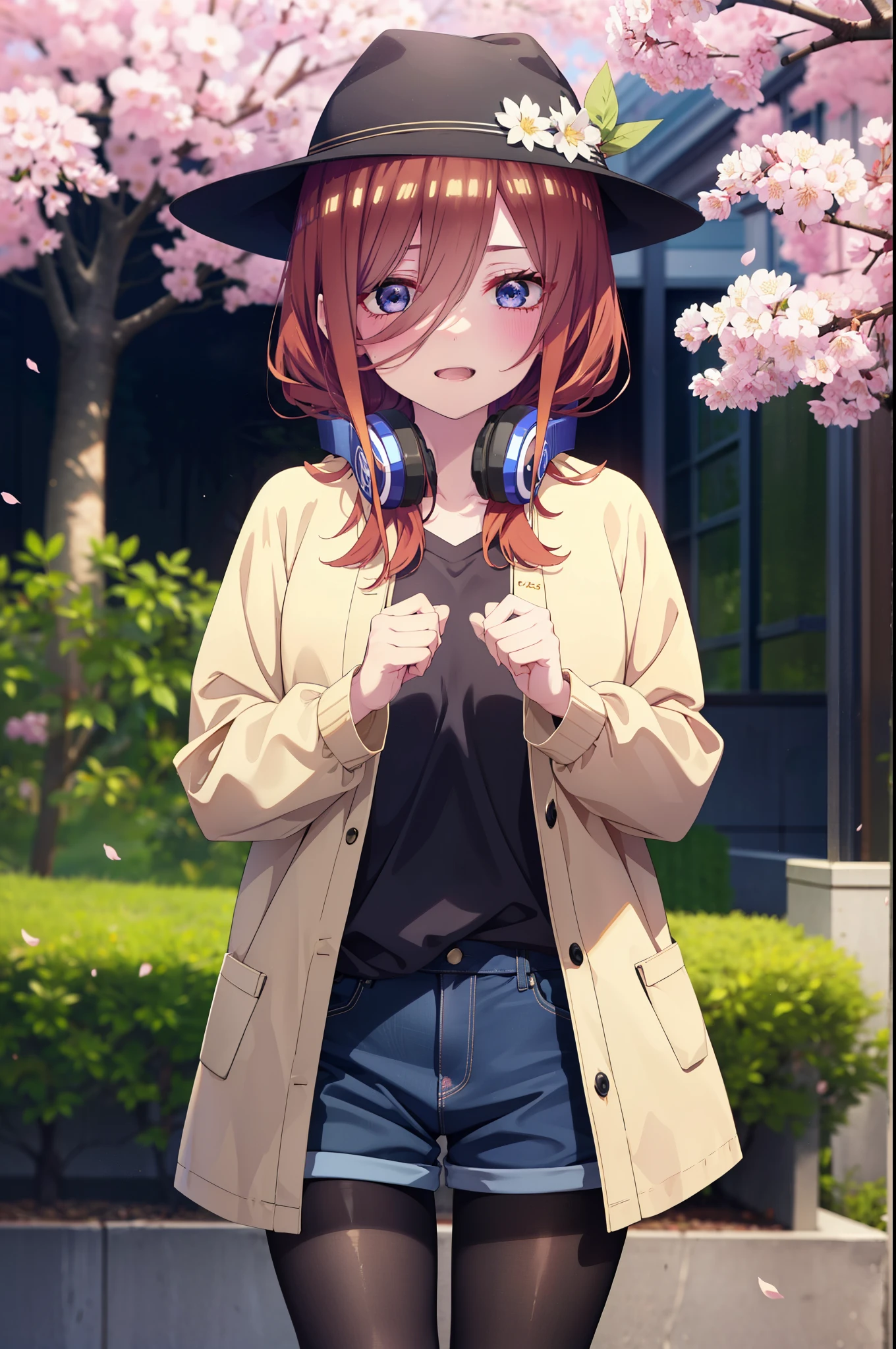 Miku Nakano, Miku Nakano, Long Hair, bangs, blue eyes, brown hair, shirt, Hair between the eyes, smile,blush,Open your mouth,Headphones around neck,オーバサイズチェック柄shirt,Shorts,Black pantyhose,Hunting Hat,short boots,Cherry blossoms are blooming,Cherry blossoms are scattered,Cherry blossom tree-lined path,whole bodyがイラストに入るように,
break outdoors, garden,
break looking at viewer,whole body, (Cowboy Shot:1. 5)
break (masterpiece:1.2), highest quality, High resolution, unity 8k wallpaper, (figure:0.8), (Beautiful fine details:1.6), Highly detailed face, Perfect lighting, Highly detailed CG, (Perfect hands, Perfect Anatomy),