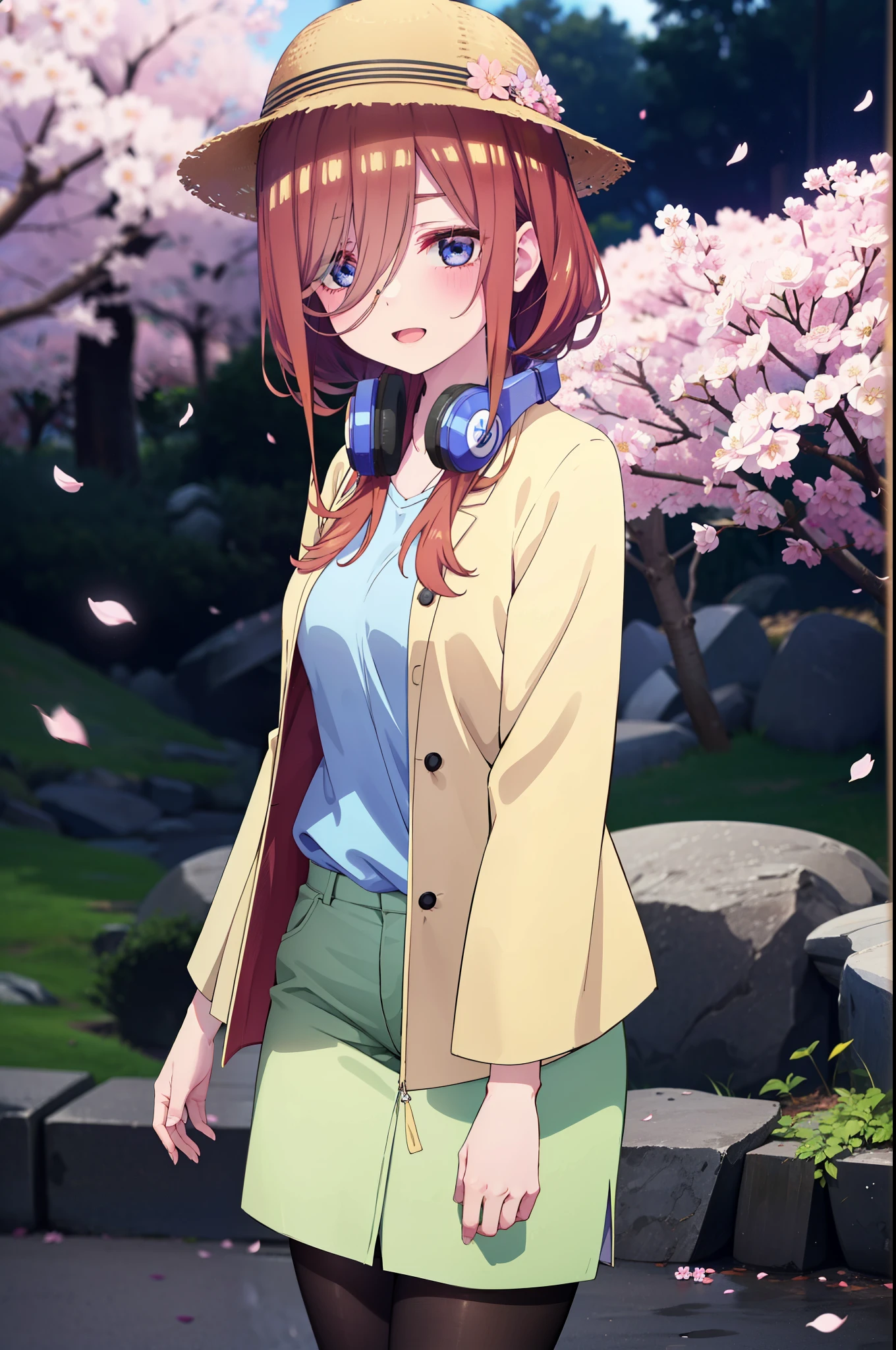 Miku Nakano, Miku Nakano, Long Hair, bangs, blue eyes, brown hair, shirt, Hair between the eyes, smile,blush,Open your mouth,Headphones around neck,オーバサイズチェック柄shirt,Shorts,Black pantyhose,Hunting Hat,short boots,Cherry blossoms are blooming,Cherry blossoms are scattered,Cherry blossom tree-lined path,whole bodyがイラストに入るように,
break outdoors, garden,
break looking at viewer,whole body, (Cowboy Shot:1. 5)
break (masterpiece:1.2), highest quality, High resolution, unity 8k wallpaper, (figure:0.8), (Beautiful fine details:1.6), Highly detailed face, Perfect lighting, Highly detailed CG, (Perfect hands, Perfect Anatomy),