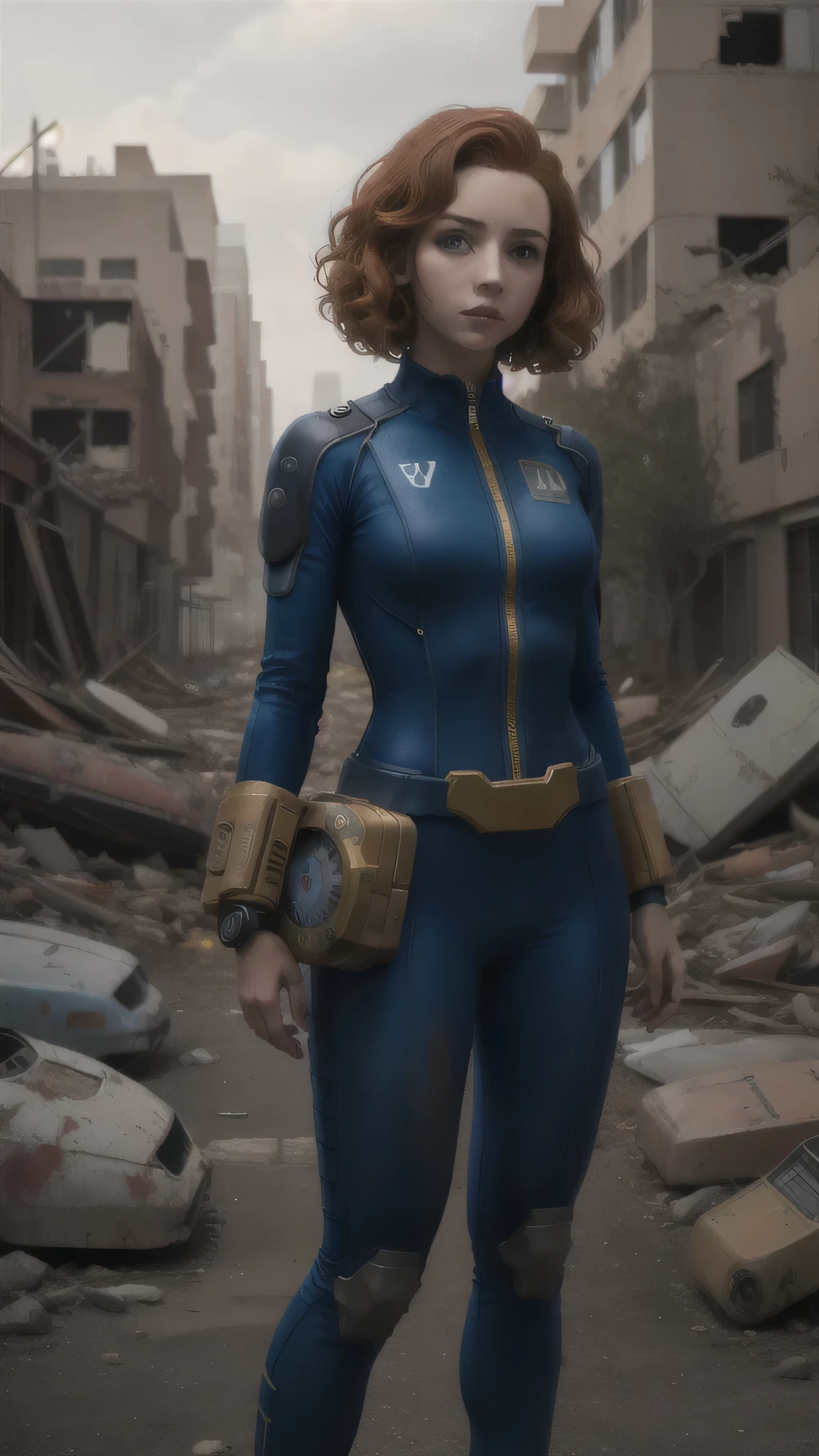 a girl with short auburn curly hair wearing (vaultsuit with pipboy3000 on wrist) standing in a ruined city, professionally color graded, professional photography, well drawn, masterpiece, hyper realistic, ultra detailed, high quality, best quality, 4k, 8k, raw 