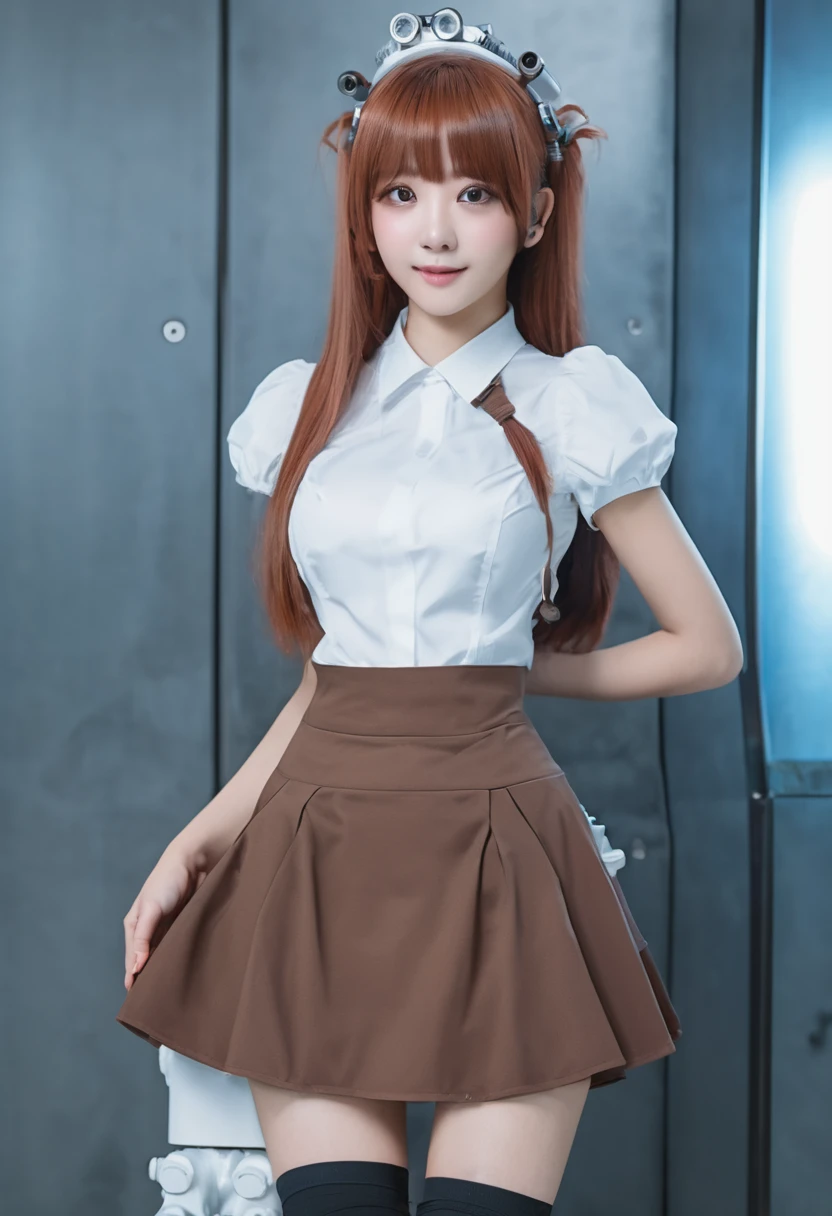 (8K、top-quality、​masterpiece:1.2)、(reallistic、Photorealsitic:1.37)、The ultra-detailliert、superrealism、(1 Maid of Humanoid Girl)、(((((Maids)))))、tre anatomically correct、Looking at the camera、All mecha from the neck down、android、Humanoid、cute little、Straight face、solo、(Redness of the nose)、(A smile:1.15)、beautidful eyes、Big eyes、(long:1.2)、Floating Hair Novafrog Style、Pink hair、Machine body、Body cable、pinafore、(((((Gears on the surface of the body、Body valves on the surface of the body、Transistors on the surface of the main unit、Vacuum tubes on the surface of the body)))))、cyberpunked、Raise your left leg、electrical cables、Reverse、((((retro-futuristic)))、Cyan LED、(((Inside the spacecraft)))、Stylish coffee shop with pink walls、、(((((((((tits))))) 、(((((Beautiful thighs)))))、(((((brown hair)))))、(((((mini skirtからPantiesが見えている))))) 、(((((mini skirt)))))、(((((Panties))))) 