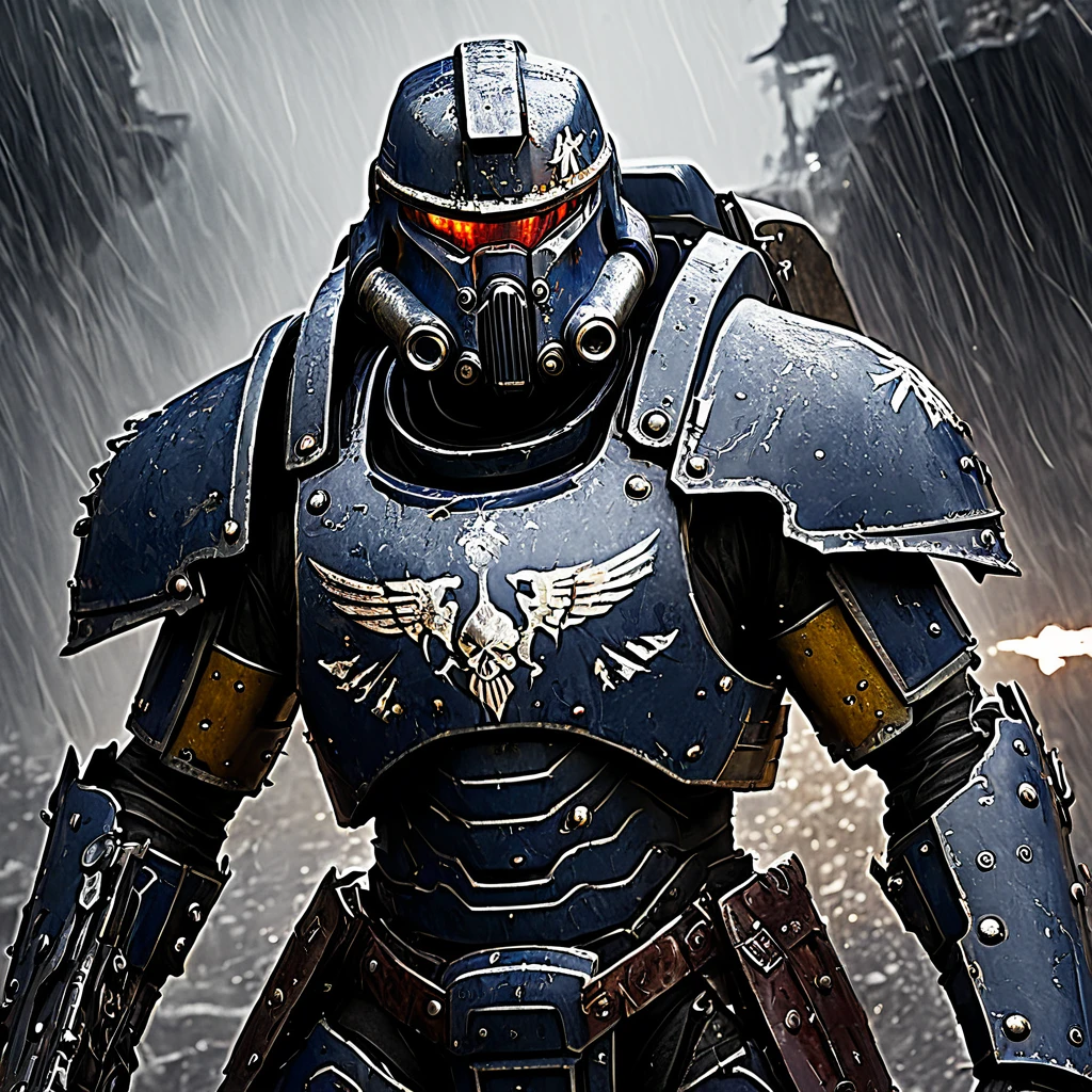 (best quality,4k,8k,highres,masterpiece:1.2),ultra-detailed,(realistic,photorealistic,photo-realistic:1.37),warhammer 40k, bloody, battered, Space marine, bruised, damaged armor, defiantly wielding a chain sword, grim determination on his face, intense battle scars, battle-hardened, battle-worn, battle-damaged, war-torn, post-apocalyptic, futuristic battlefield, dark and gritty atmosphere, shadows and smoke, intense lighting, heavy rain pouring down, sparks flying from the chain sword, detailed facial features, piercing eyes, rugged facial hair, muscular physique, power armor, worn-out insignia, weathered textures, scratched and dented armor plates, rivets and bolts, bullet impacts, glistening blood stains, torn and tattered fabric, ripped cape, emblematic symbols, unique heraldry, battle honors, war trophies, war paint, dirt and grime, tension and anticipation, epic confrontation.