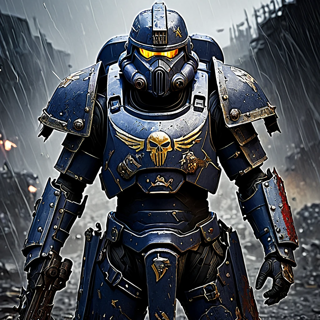 (best quality,4k,8k,highres,masterpiece:1.2),ultra-detailed,(realistic,photorealistic,photo-realistic:1.37),warhammer 40k, bloody, battered, Space marine, bruised, damaged armor, defiantly wielding a chain sword, grim determination on his face, intense battle scars, battle-hardened, battle-worn, battle-damaged, war-torn, post-apocalyptic, futuristic battlefield, dark and gritty atmosphere, shadows and smoke, intense lighting, heavy rain pouring down, sparks flying from the chain sword, detailed facial features, piercing eyes, rugged facial hair, muscular physique, power armor, worn-out insignia, weathered textures, scratched and dented armor plates, rivets and bolts, bullet impacts, glistening blood stains, torn and tattered fabric, ripped cape, emblematic symbols, unique heraldry, battle honors, war trophies, war paint, dirt and grime, tension and anticipation, epic confrontation.