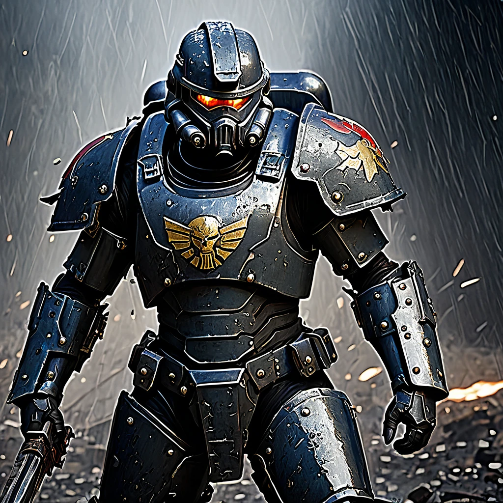 (best quality,4k,8k,highres,masterpiece:1.2),ultra-detailed,(realistic,photorealistic,photo-realistic:1.37),warhammer 40k, bloody, battered, Space marine, bruised, damaged armor, defiantly wielding a chain sword, grim determination on his face, intense battle scars, battle-hardened, battle-worn, battle-damaged, war-torn, post-apocalyptic, futuristic battlefield, dark and gritty atmosphere, shadows and smoke, intense lighting, heavy rain pouring down, sparks flying from the chain sword, detailed facial features, piercing eyes, rugged facial hair, muscular physique, power armor, worn-out insignia, weathered textures, scratched and dented armor plates, rivets and bolts, bullet impacts, glistening blood stains, torn and tattered fabric, ripped cape, emblematic symbols, unique heraldry, battle honors, war trophies, war paint, dirt and grime, tension and anticipation, epic confrontation.