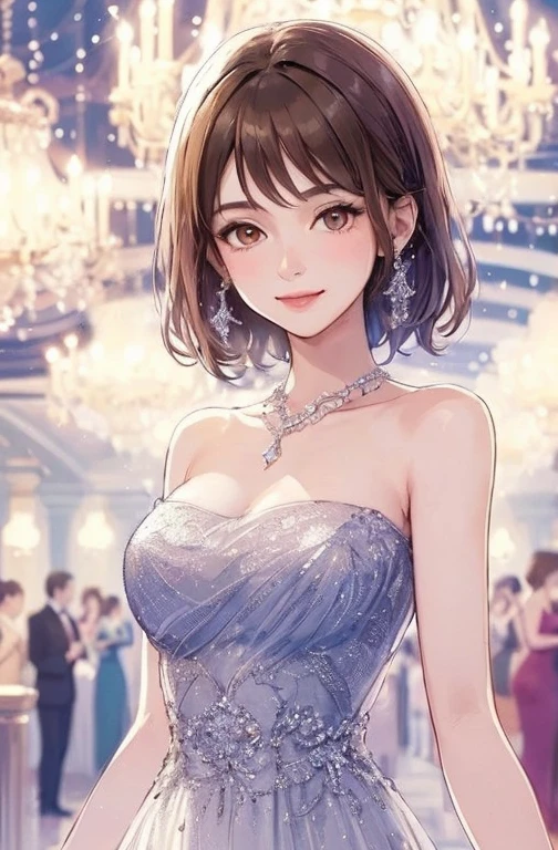Only one female, Standing Elegantly, (Tube Dress) stylish, Mature Woman, /(brown hair/) bangs, A kind smile, (Masterpiece of the highest quality:1.2) Delicate illustrations, super detailed, Big Break (luxurious venue) indoor, Crowded, chandelier, Detailed Background