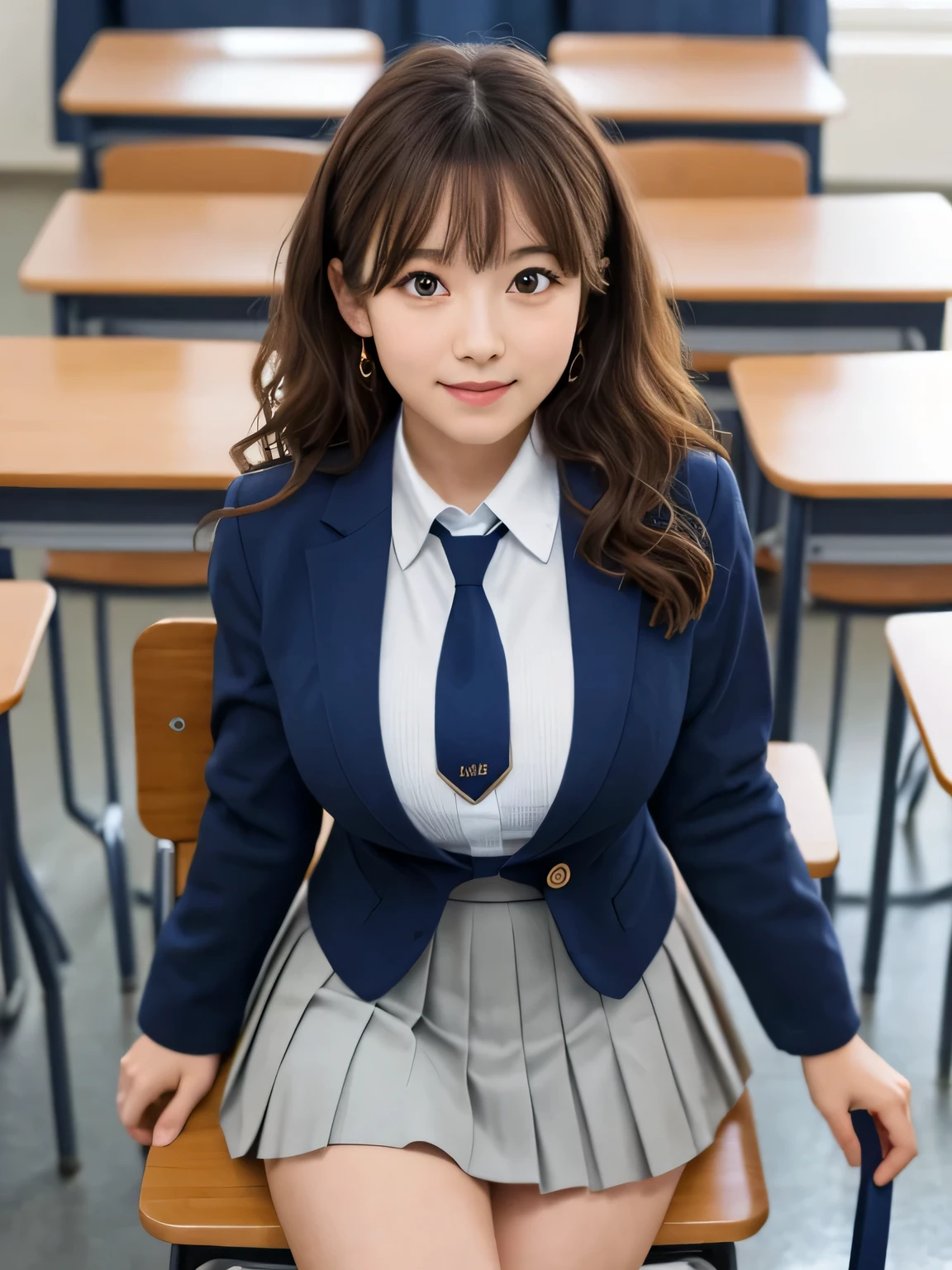 8k, highest quality, The true picture, Intricate details, Very detailed, Ultra-high resolution, Depth Field,(Realistic,Realistic:1.2), From the side, 1 Japanese girl, Very beautiful 17 year old girl, Big eyes, Beautiful breasts:1.5、Very detailedな目:1.2), (Beautiful breasts:1.1), (Small breasts), Wavy Hair、Curly Hair、bangs, Perfect Skin, Fair skin, (Big Hips:1.3), (Thick thighs:1.3), (Thick legs:1.3), Tight waist, Slightly reddish, alone, Looking at the audience, (smile:1.1), ((School_uniform),(Dark Blue Blazer), (White shirt、Wear a tie), (Grey pleated skirt), (Sculptural installation :1.1), break, (During class:1.2), in a high school classroom, taking a seat