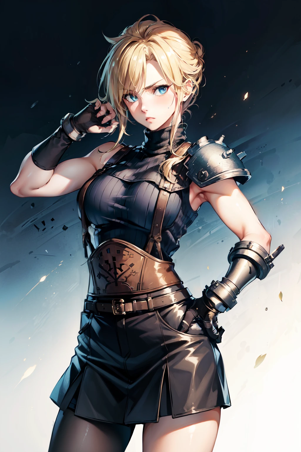 (masterpiece, best quality:1.2), expressive eyes, perfect face, highres, 1 girl, solo, (female:1.5), strife, blonde hair, shoulder armor, sleeveless turtleneck, suspenders, belt, gloves, bracer, blushing, surprised face, standing, portrait, looking at viewer,