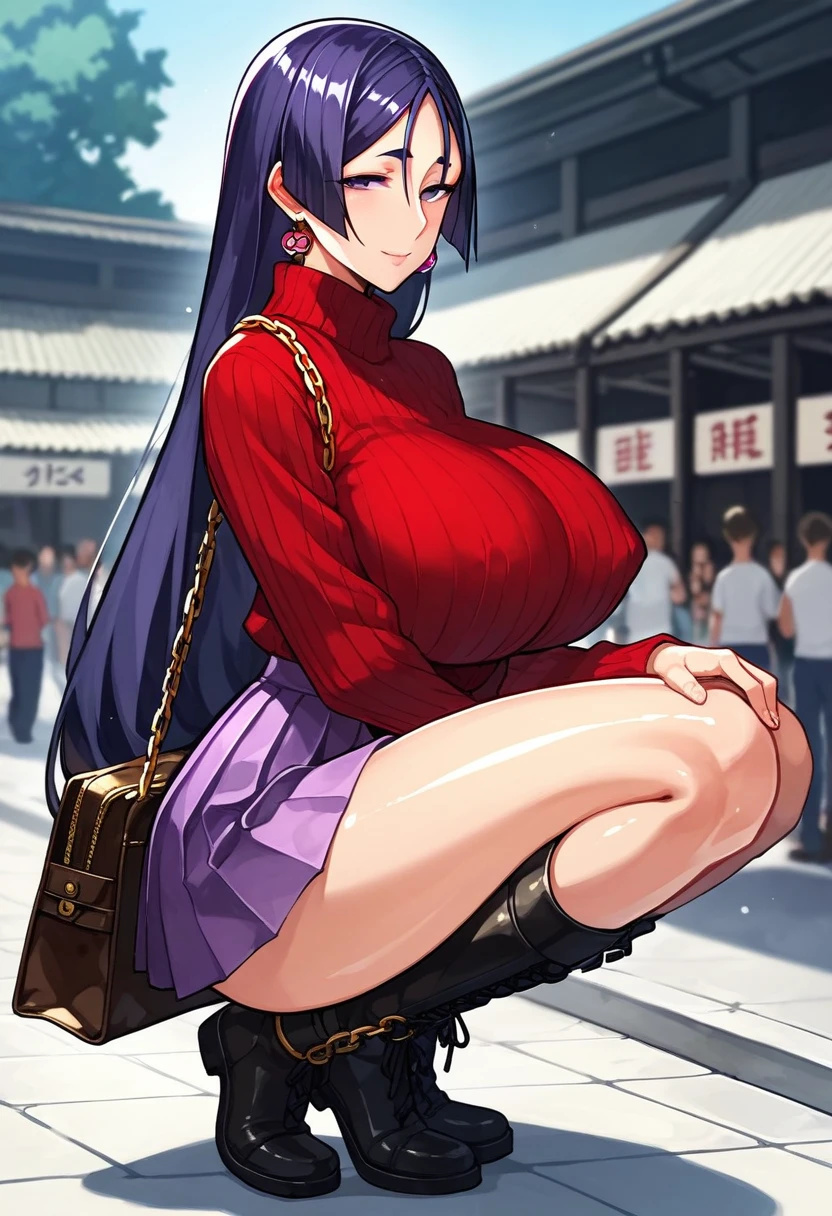 score_9,score_8_up,score_7_up,rating_explicit, source_anime, 1girl, solo, minamoto_no_raikou_\(fate\), parted bangs, long hair, hime cut, forehead, despair _face, shiny skin, nice leg line, thin waist, huge breasts, BREAK, Burgundy_cable_knit_sweater, pleated_midi_skirt, ankle_boots, drop_earrings, quilted_chain_shoulder_bag, BREAK around crowd,depth of field, looking at viewer, squatting, from side, upper body